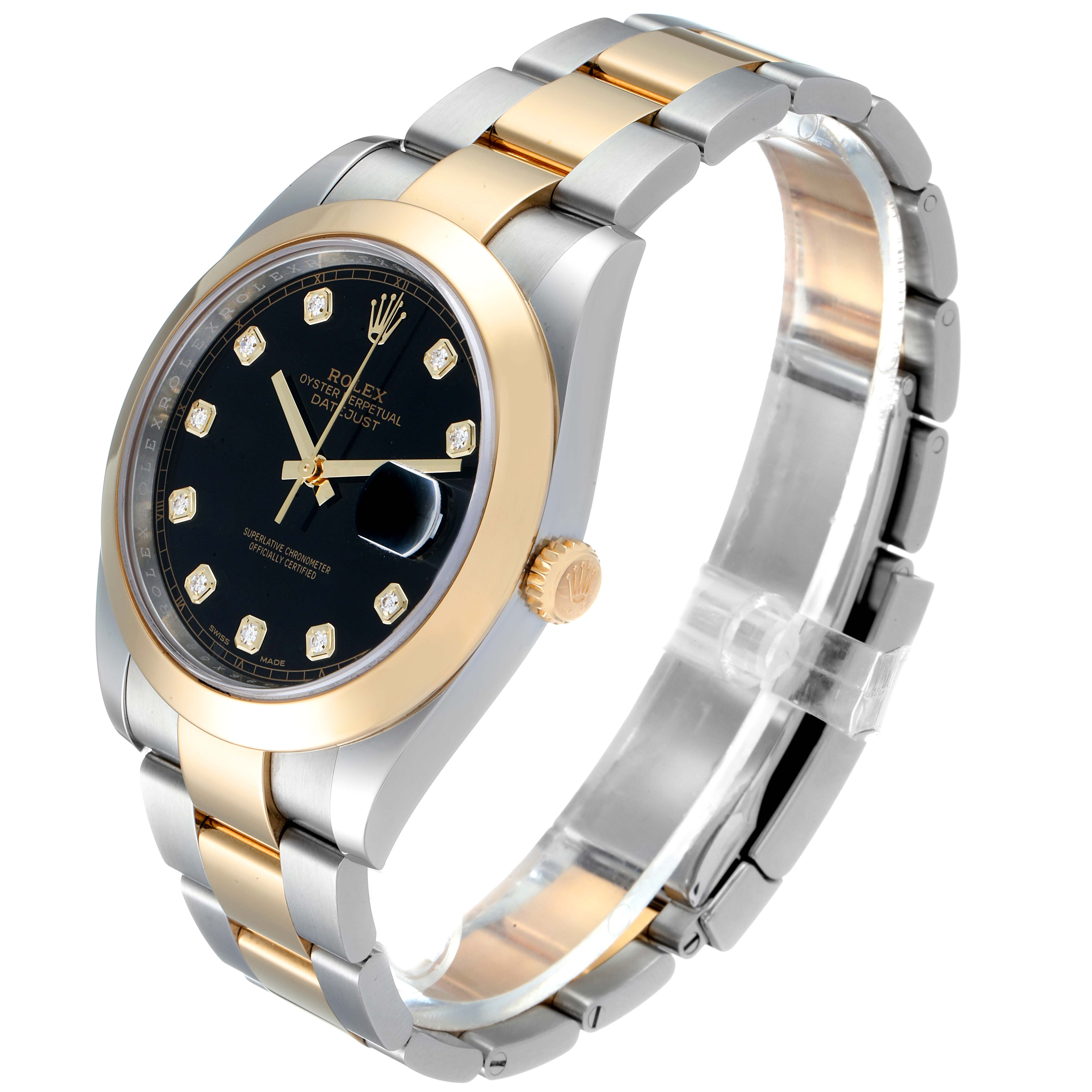 The image shows a Rolex Datejust 41 126303 Men's Steel and Gold (two tone) Black Dial 126303 Men's Steel and Gold (two tone) Black Dial model watch, angled to highlight its face, bezel, and partially the bracelet.