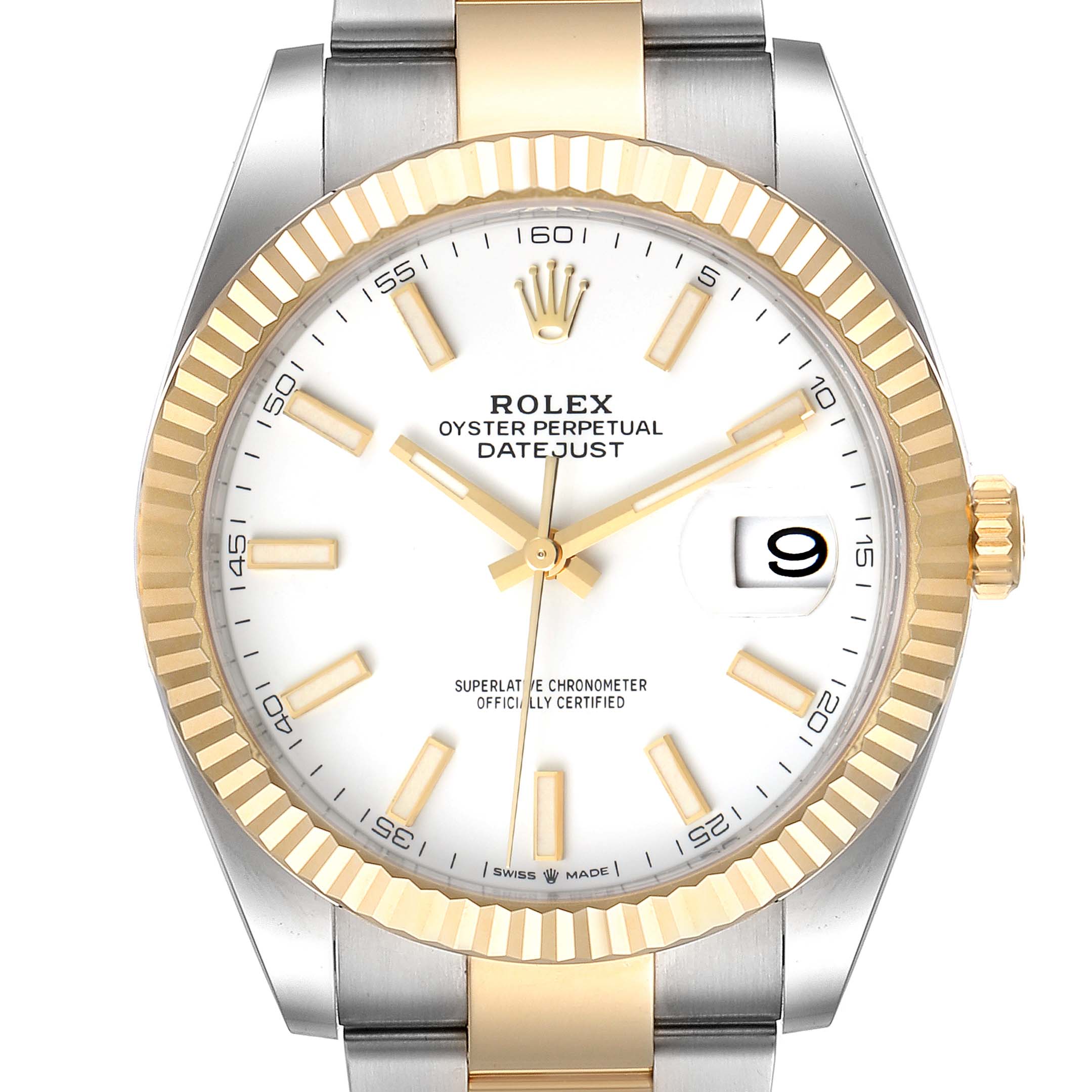 This is a front view of the Rolex Datejust 41 126333 Men's Steel and Gold (two tone) White Dial 126333 Men's Steel and Gold (two tone) White Dial watch showcasing its face, bezel, crown, and part of the bracelet.