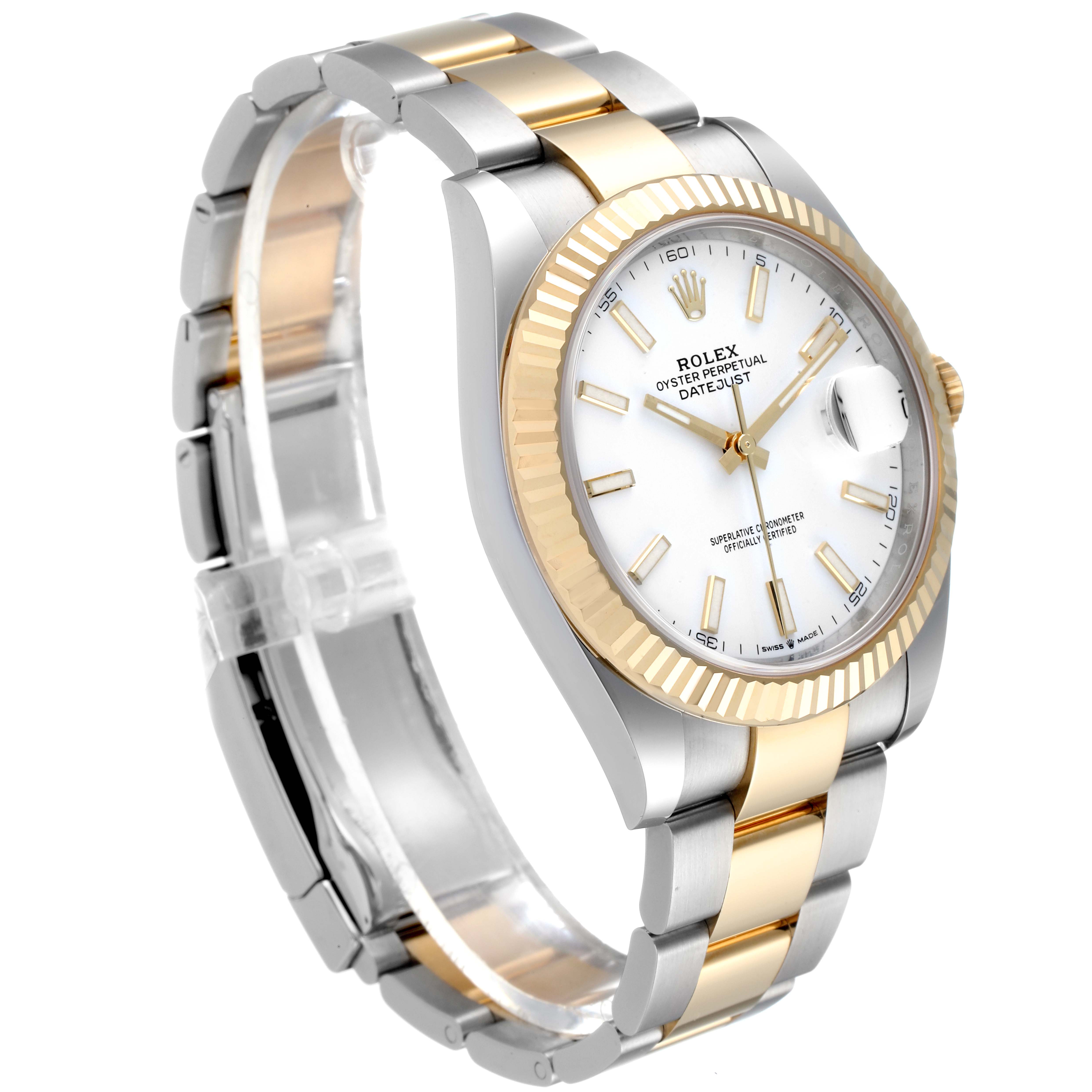 The Rolex Datejust 41 126333 Men's Steel and Gold (two tone) White Dial 126333 Men's Steel and Gold (two tone) White Dial watch is shown at a three-quarter angle, displaying its dial, bezel, and two-tone bracelet.