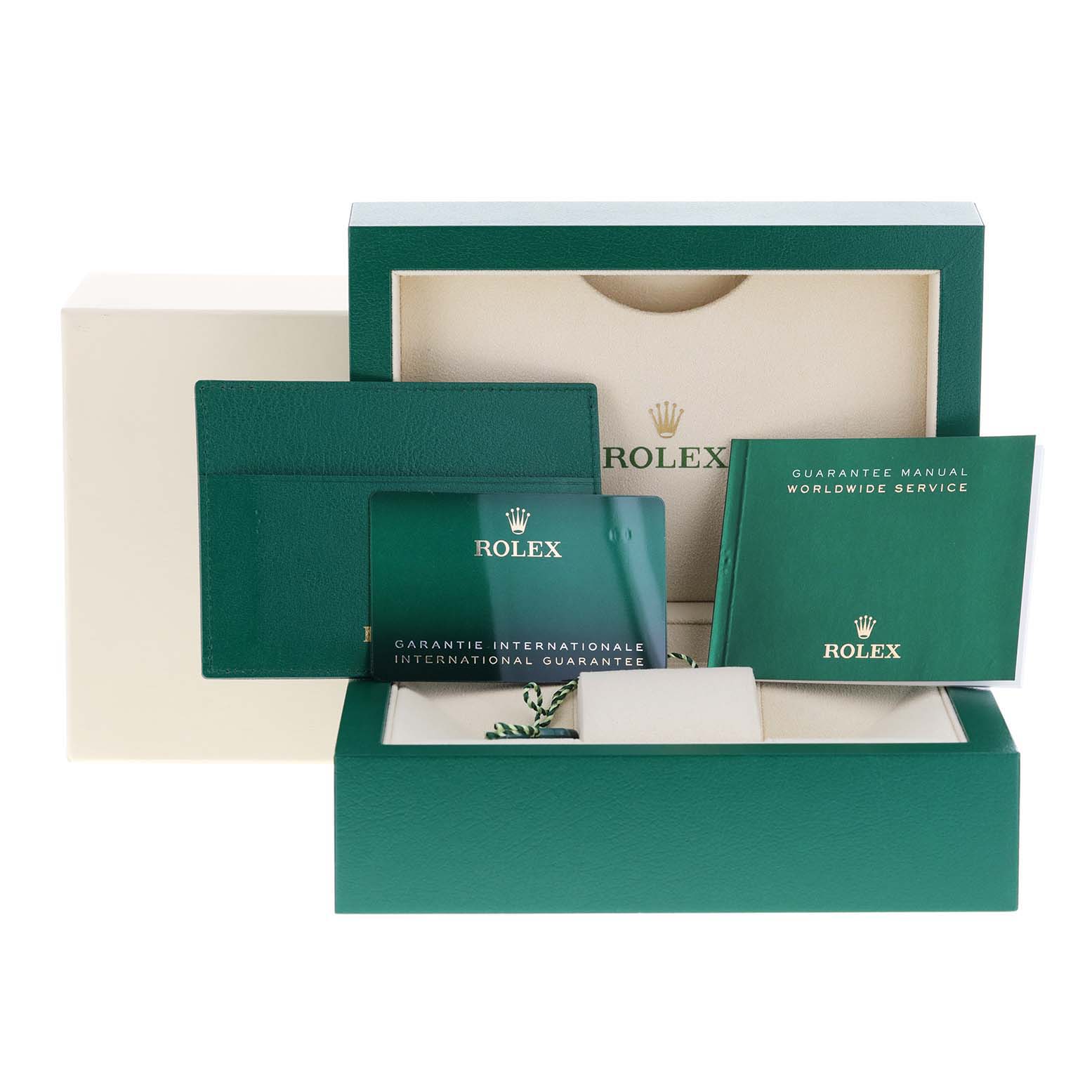 This image shows the packaging and accessories, including cards and manuals, for the Rolex Datejust 41 126333 Men's Steel and Gold (two tone) White Dial 126333 Men's Steel and Gold (two tone) White Dial.
