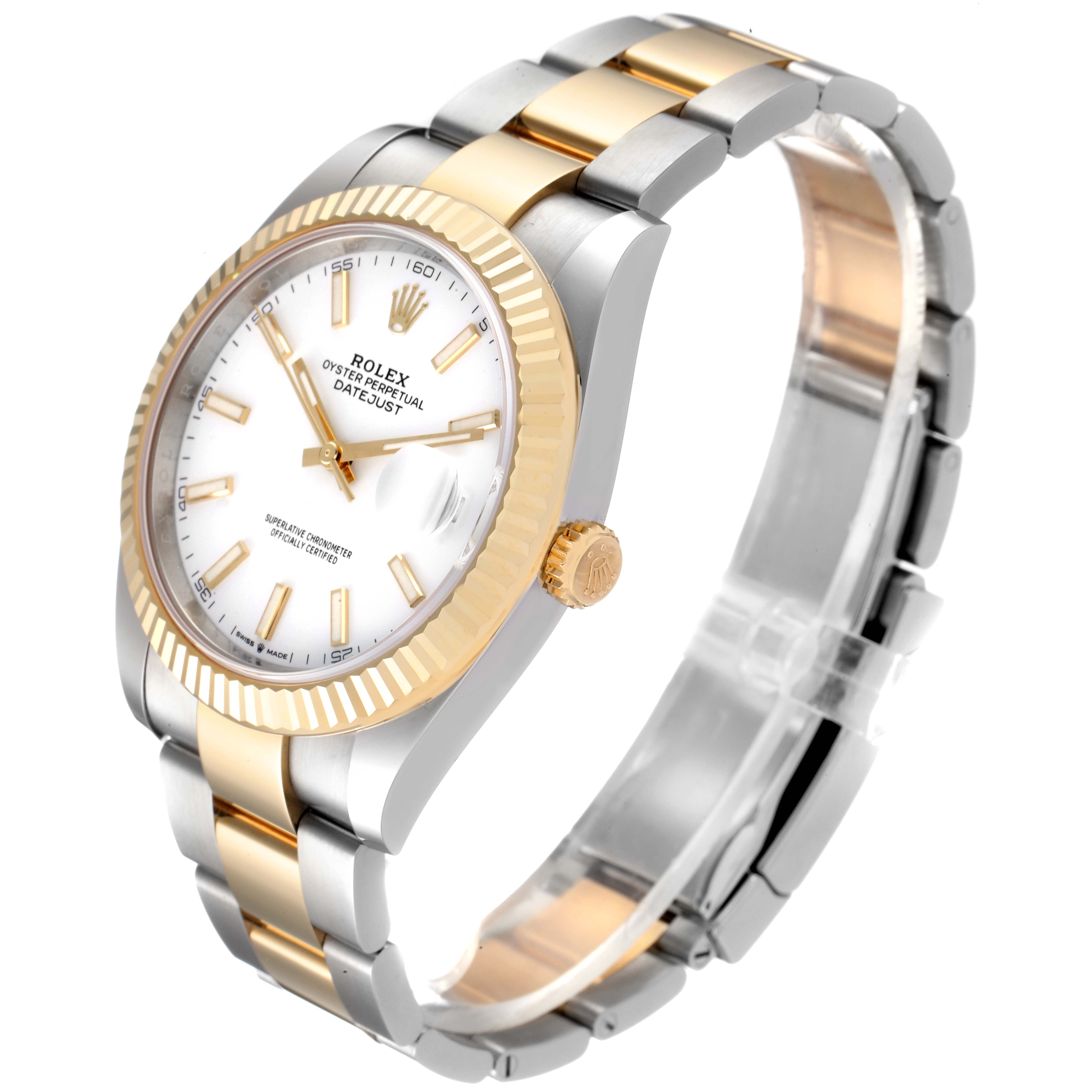 The image shows a Rolex Datejust 41 126333 Men's Steel and Gold (two tone) White Dial 126333 Men's Steel and Gold (two tone) White Dial model watch at an angled side view, highlighting its dial, bezel, crown, and bracelet.