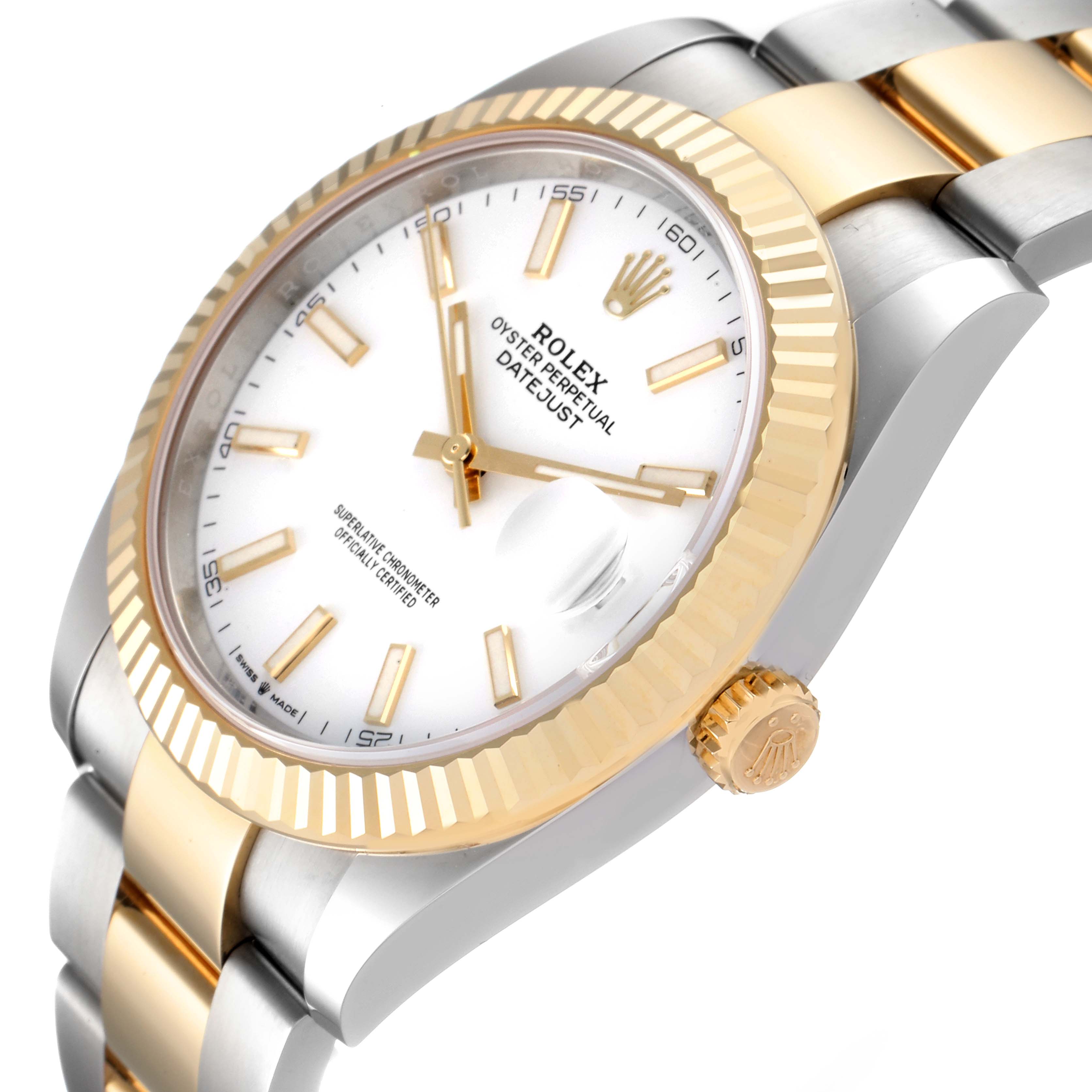 The image shows a close-up angled view of the Rolex Datejust 41 126333 Men's Steel and Gold (two tone) White Dial 126333 Men's Steel and Gold (two tone) White Dial watch, highlighting its dial, bezel, and bracelet.
