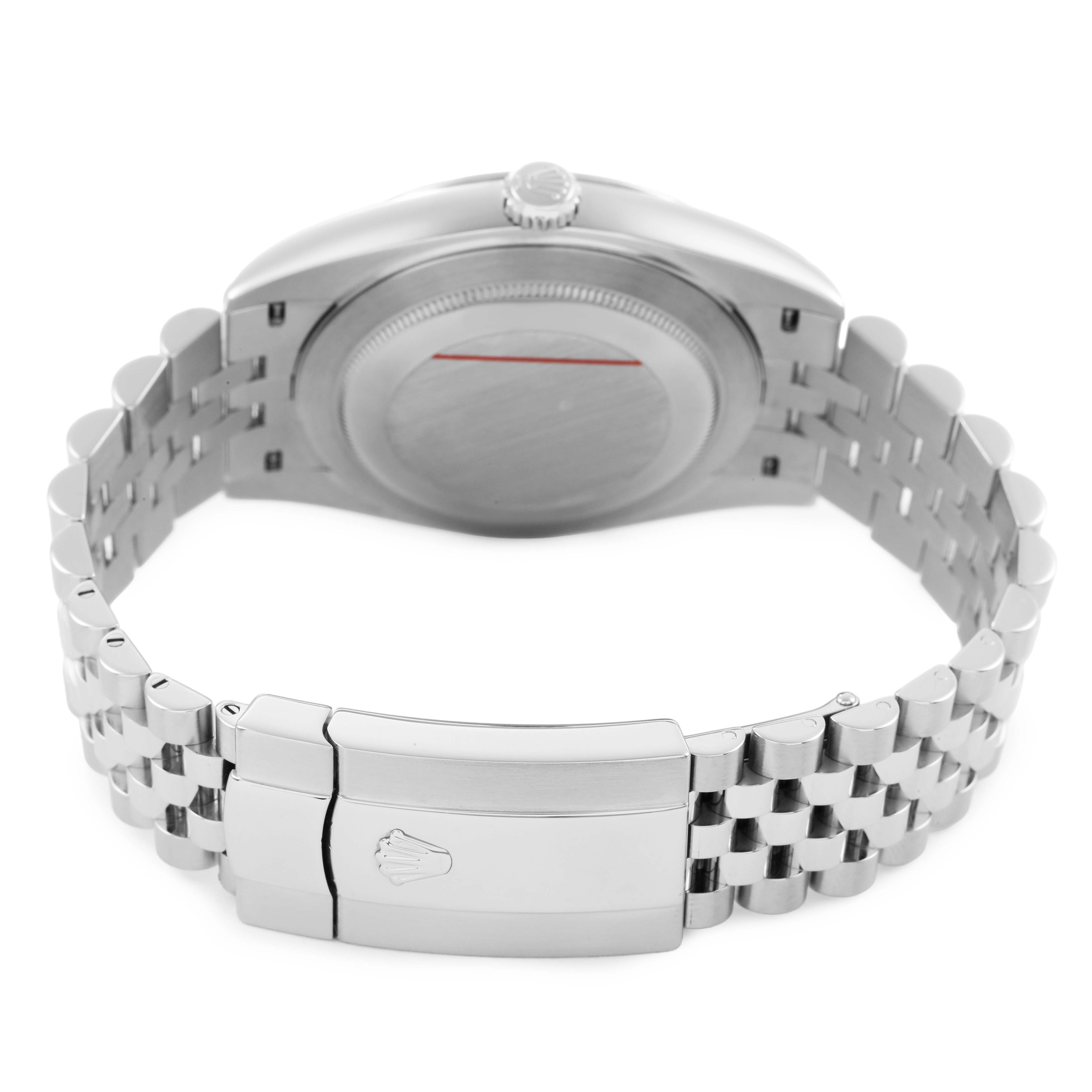 The image shows the back view of a Rolex Datejust 41 126300 Men's Stainless Steel White Dial, highlighting its clasp, bracelet, case back, and crown.