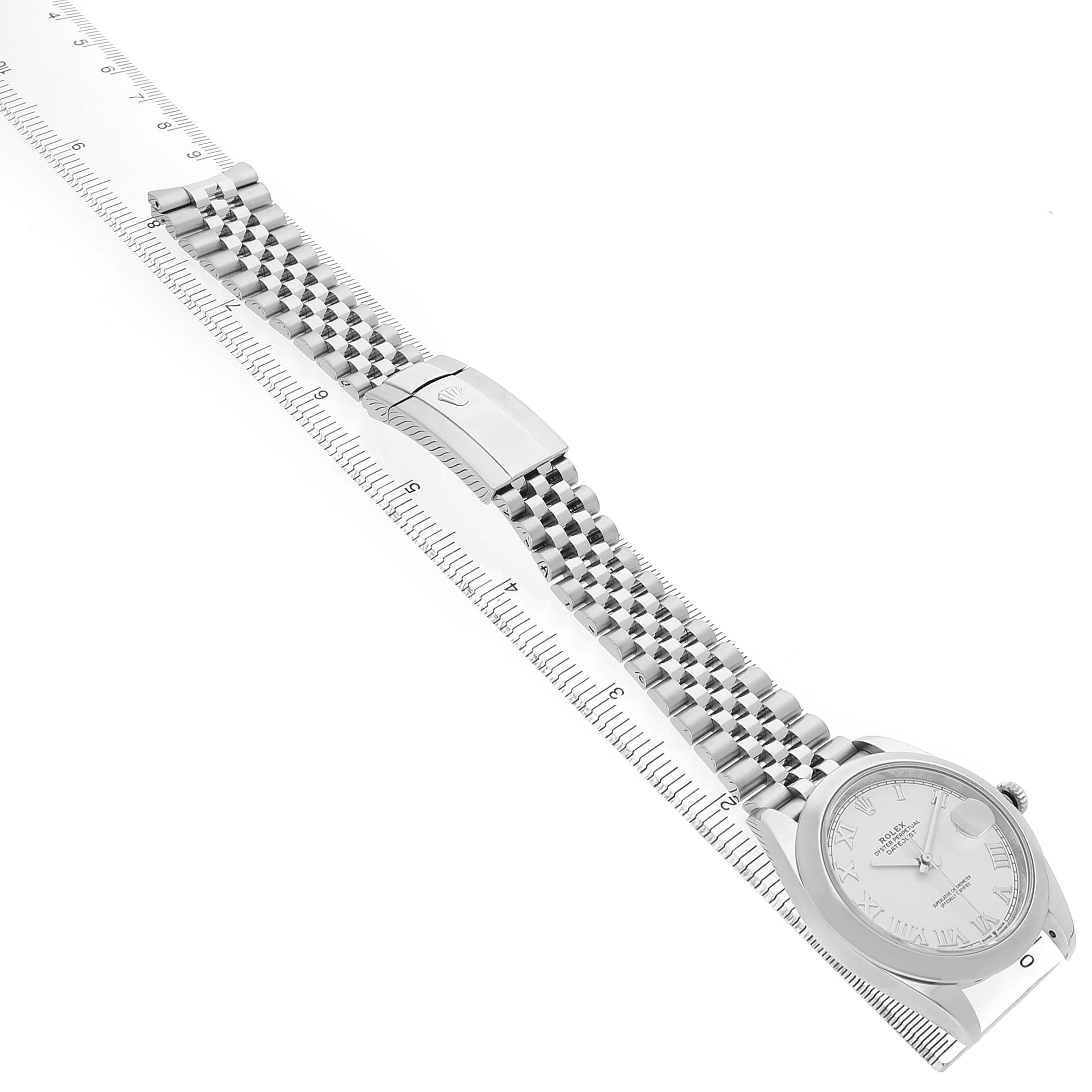 The image features the Rolex Datejust 41 126300 Men's Stainless Steel White Dial watch laid flat, showcasing the bracelet, clasp, and part of the watch face.