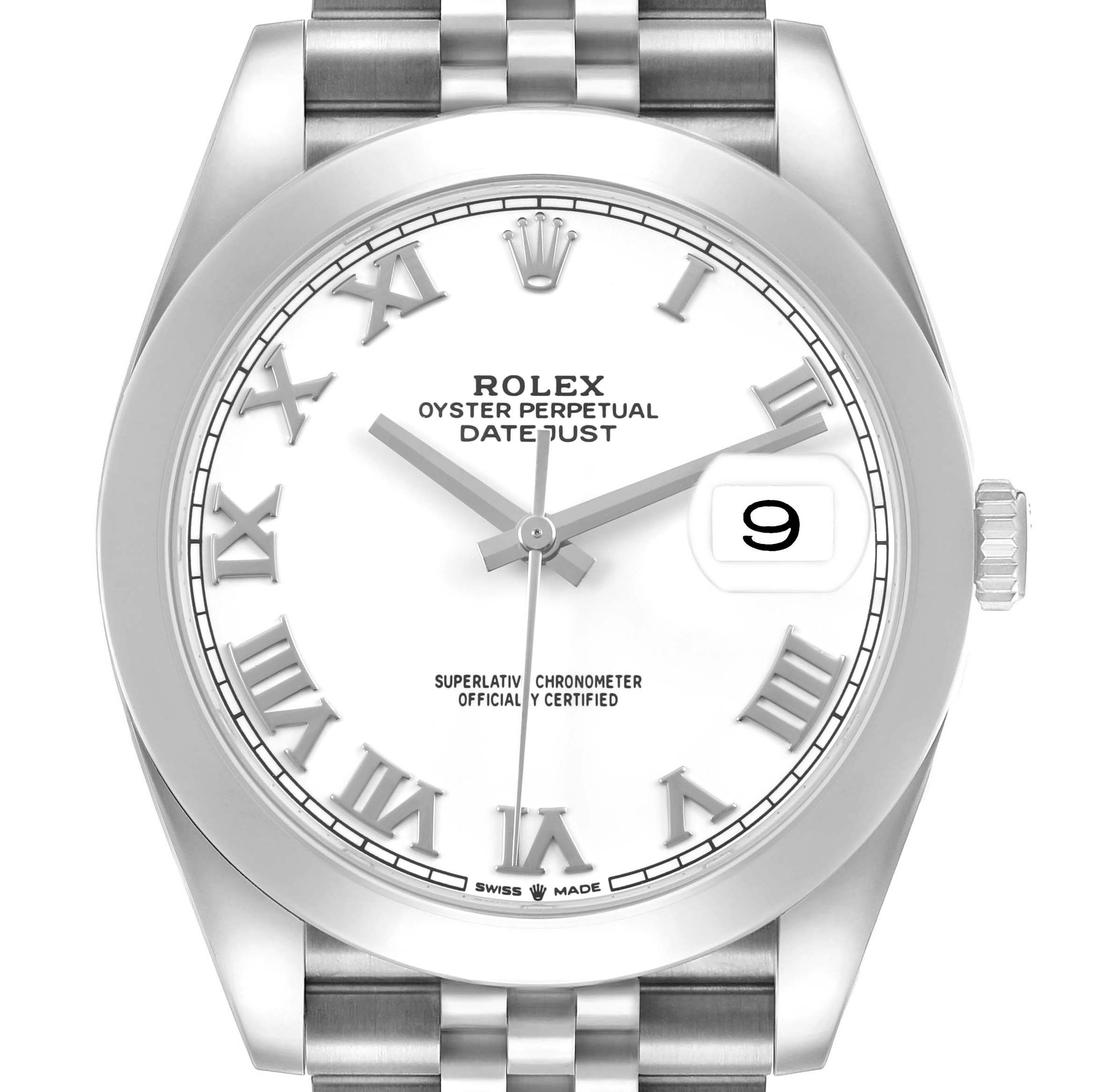 The Rolex Datejust 41 126300 Men's Stainless Steel White Dial is shown from a front angle, highlighting the dial, bezel, and part of the bracelet.