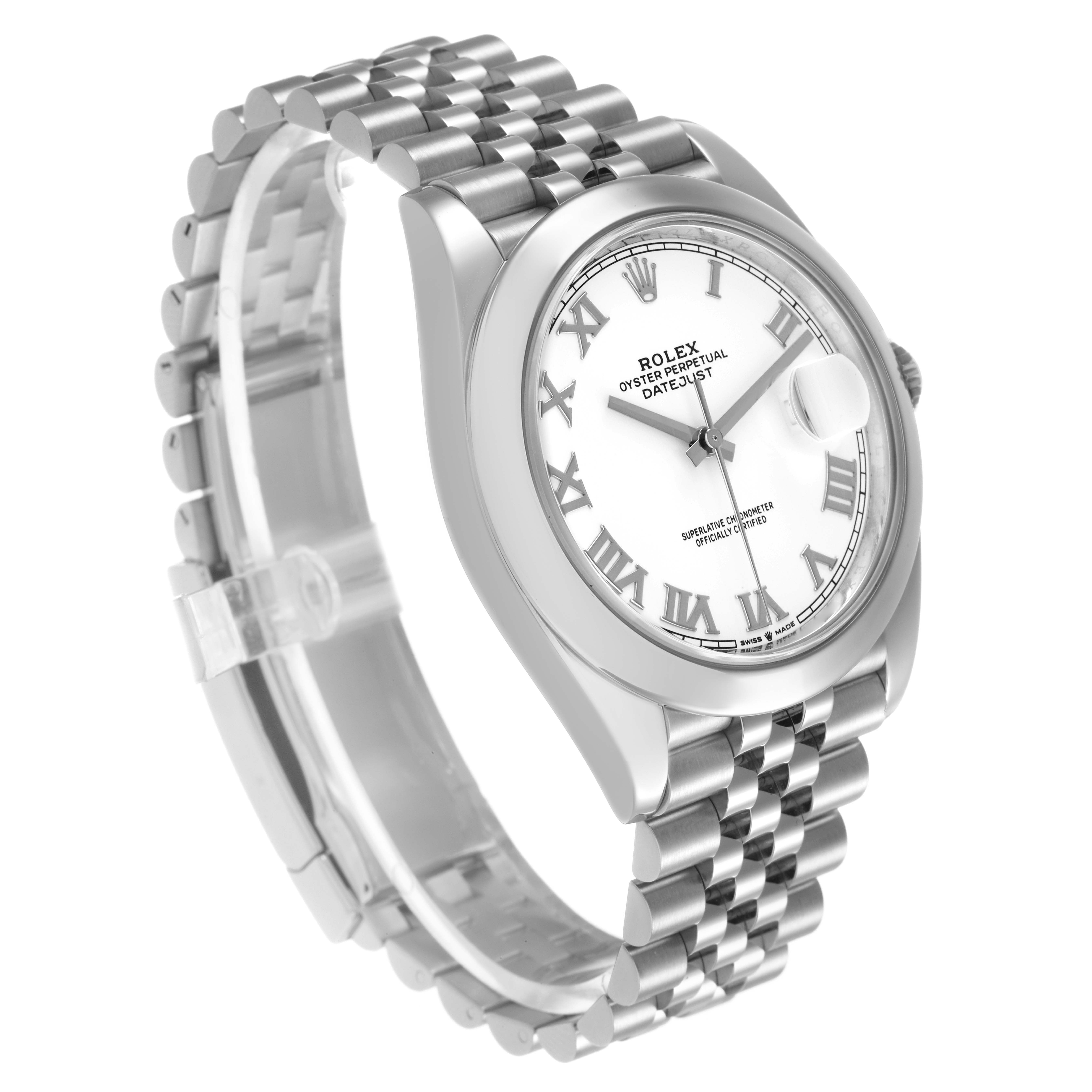 The Rolex Datejust 41 126300 Men's Stainless Steel White Dial model is shown at an angled side view, highlighting its dial, bezel, and Jubilee bracelet.