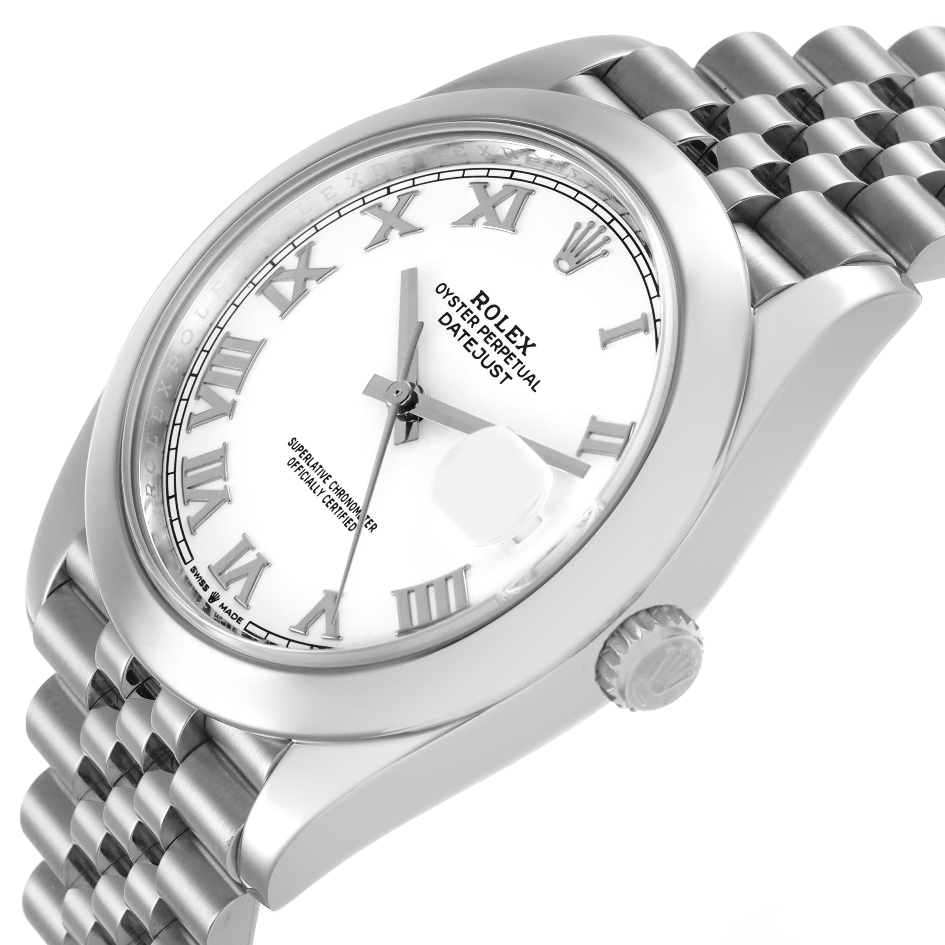 The Rolex Datejust 41 126300 Men's Stainless Steel White Dial is shown from a front angled view, highlighting the dial, bezel, crown, and part of the bracelet.