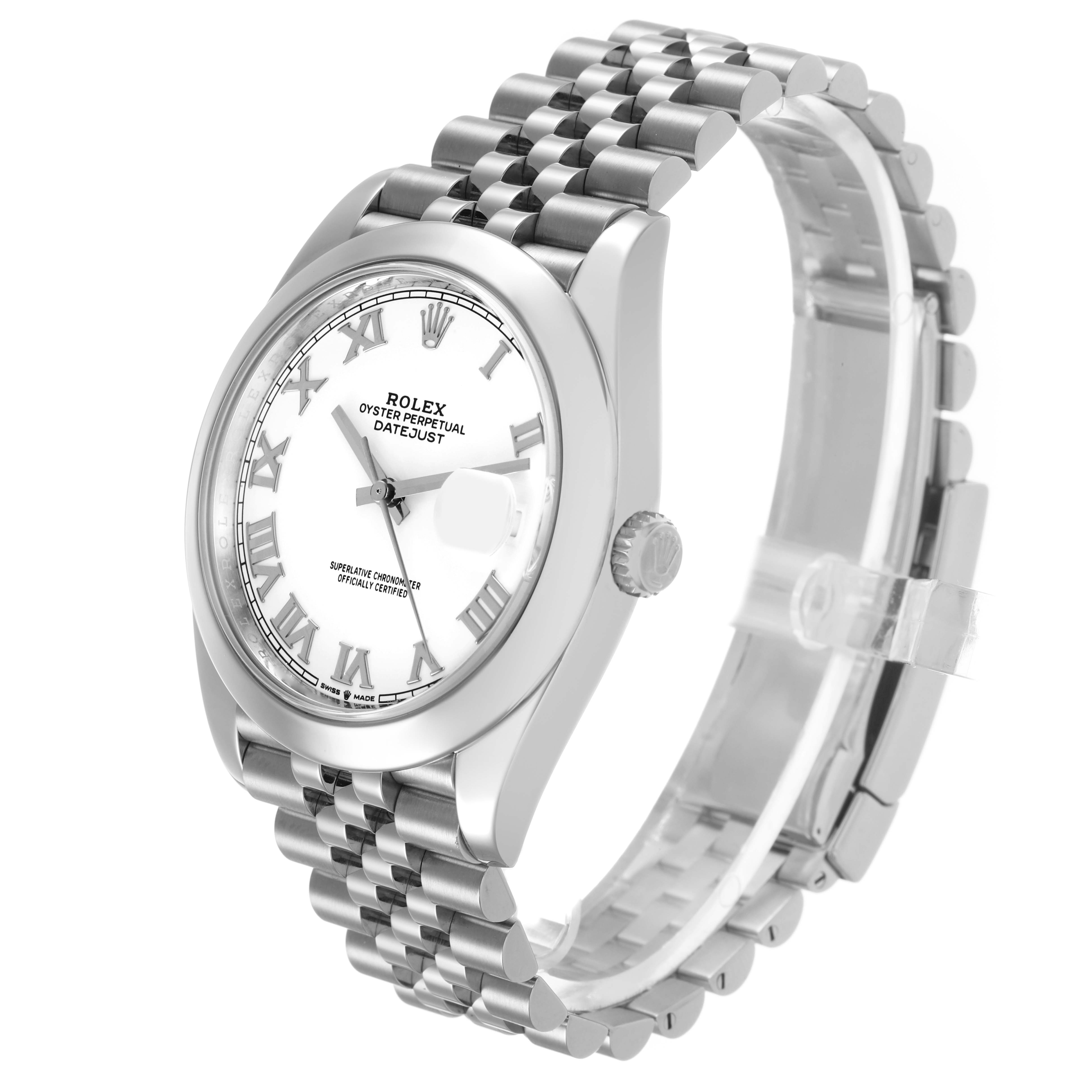 The Rolex Datejust 41 126300 Men's Stainless Steel White Dial is shown at a three-quarter view, highlighting the dial, bezel, crown, and part of the Jubilee bracelet.