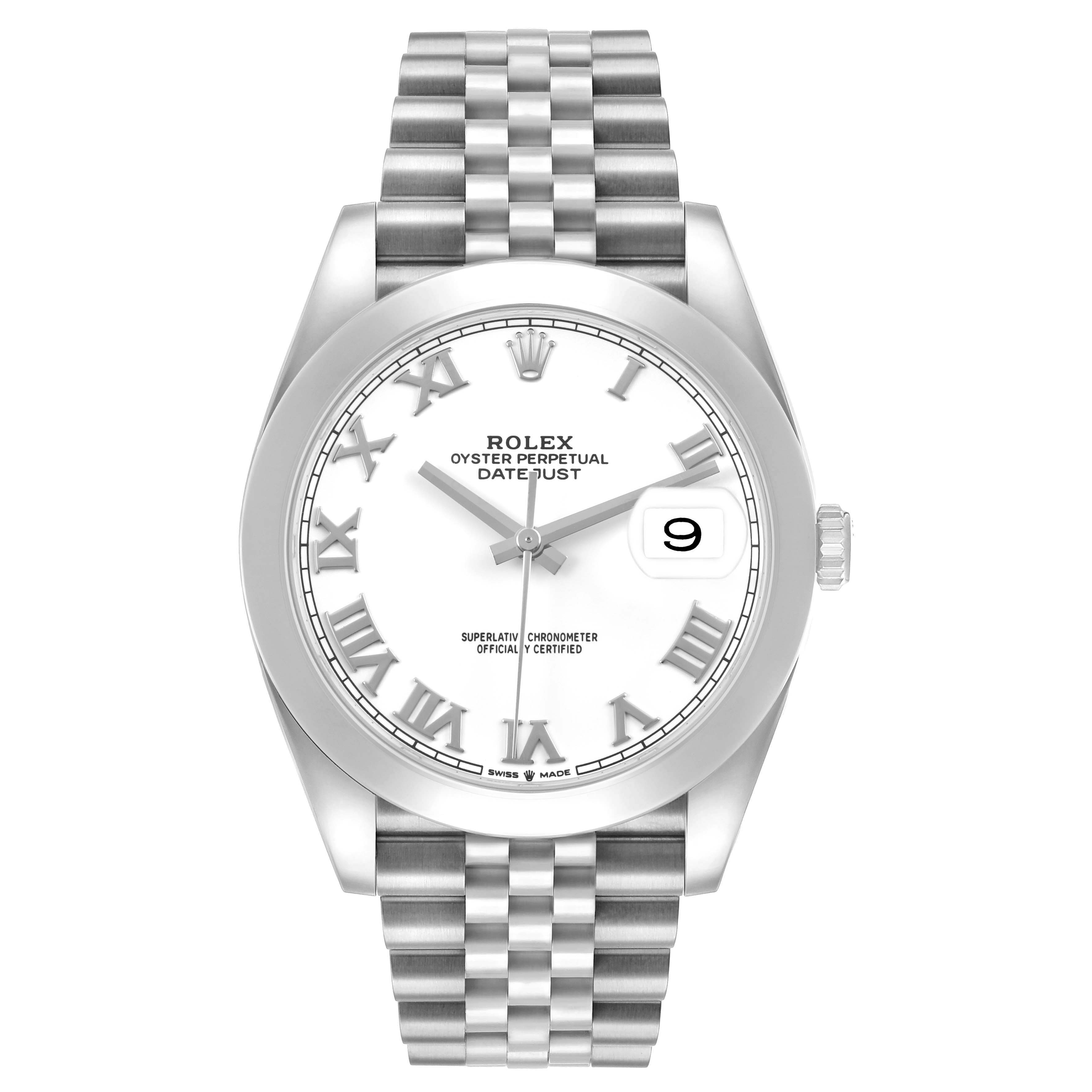 The Rolex Datejust 41 126300 Men's Stainless Steel White Dial is shown from the front, highlighting the dial, hands, bracelet, and bezel.