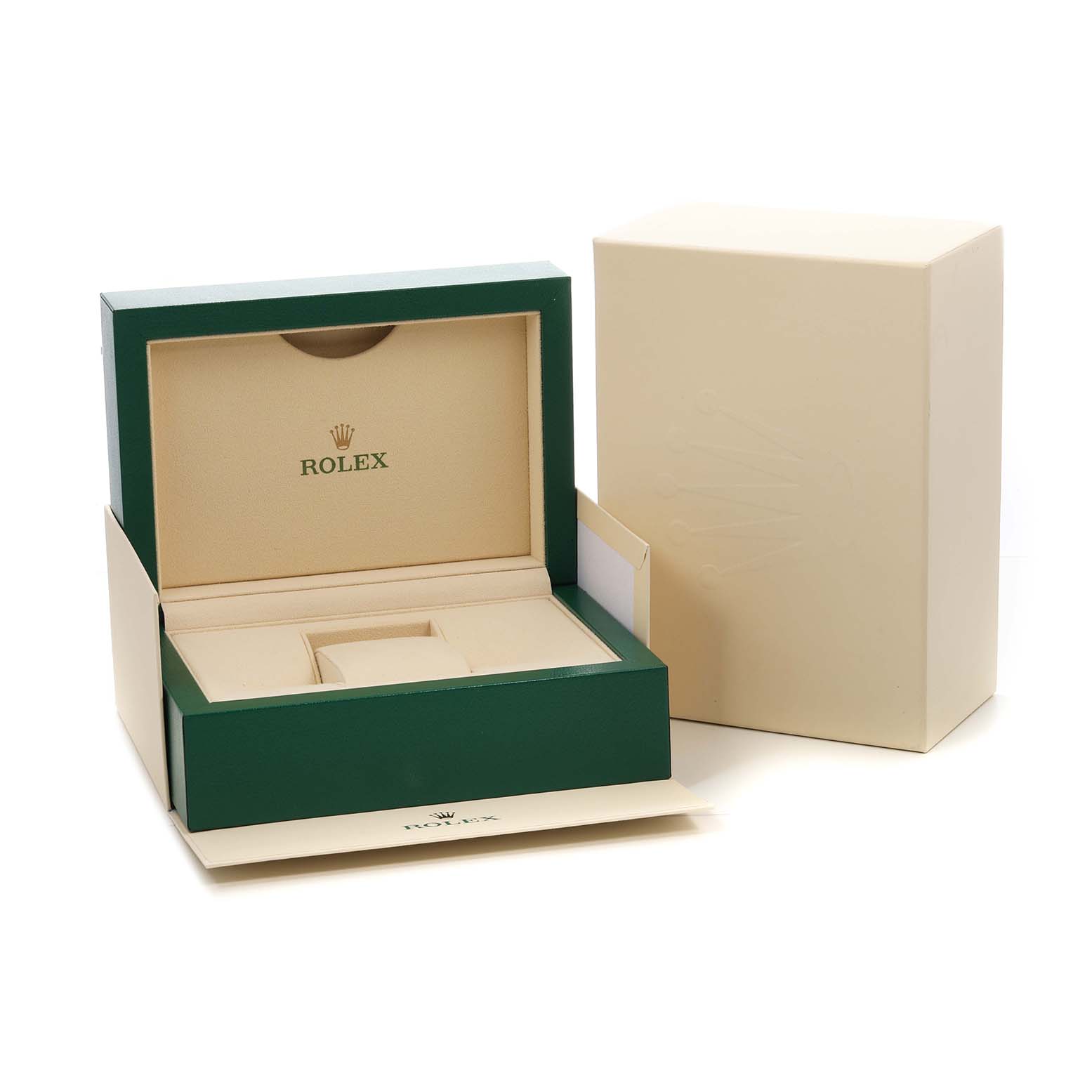 The image shows the open packaging box of a Rolex Datejust 41 126300 Men's Stainless Steel White Dial, revealing the interior compartments.