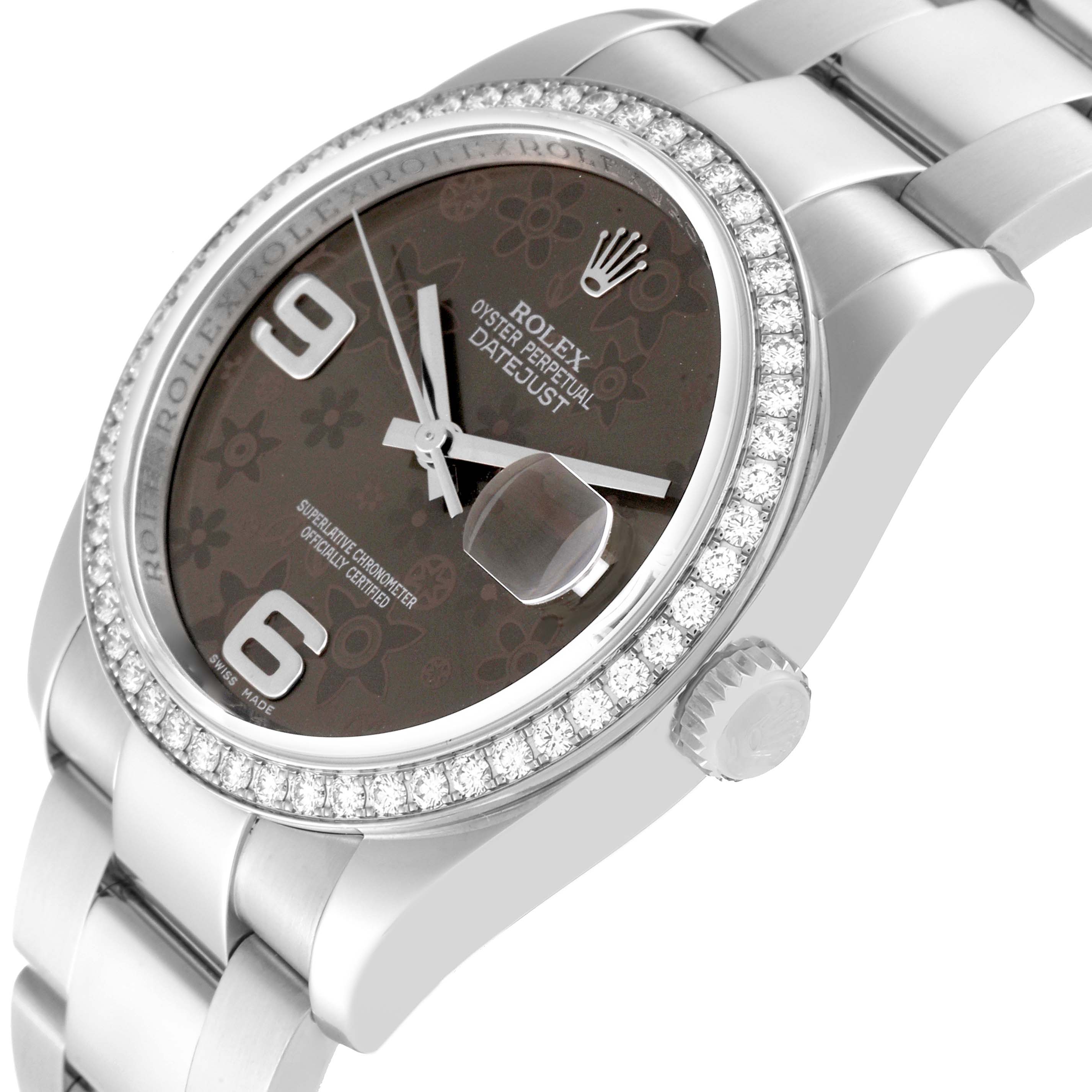 The image shows a Rolex Datejust 116244 Men's Stainless Steel Brown Dial 116244 Men's Stainless Steel Brown Dial watch from a side angle, showcasing the dial, bezel, and part of the bracelet.