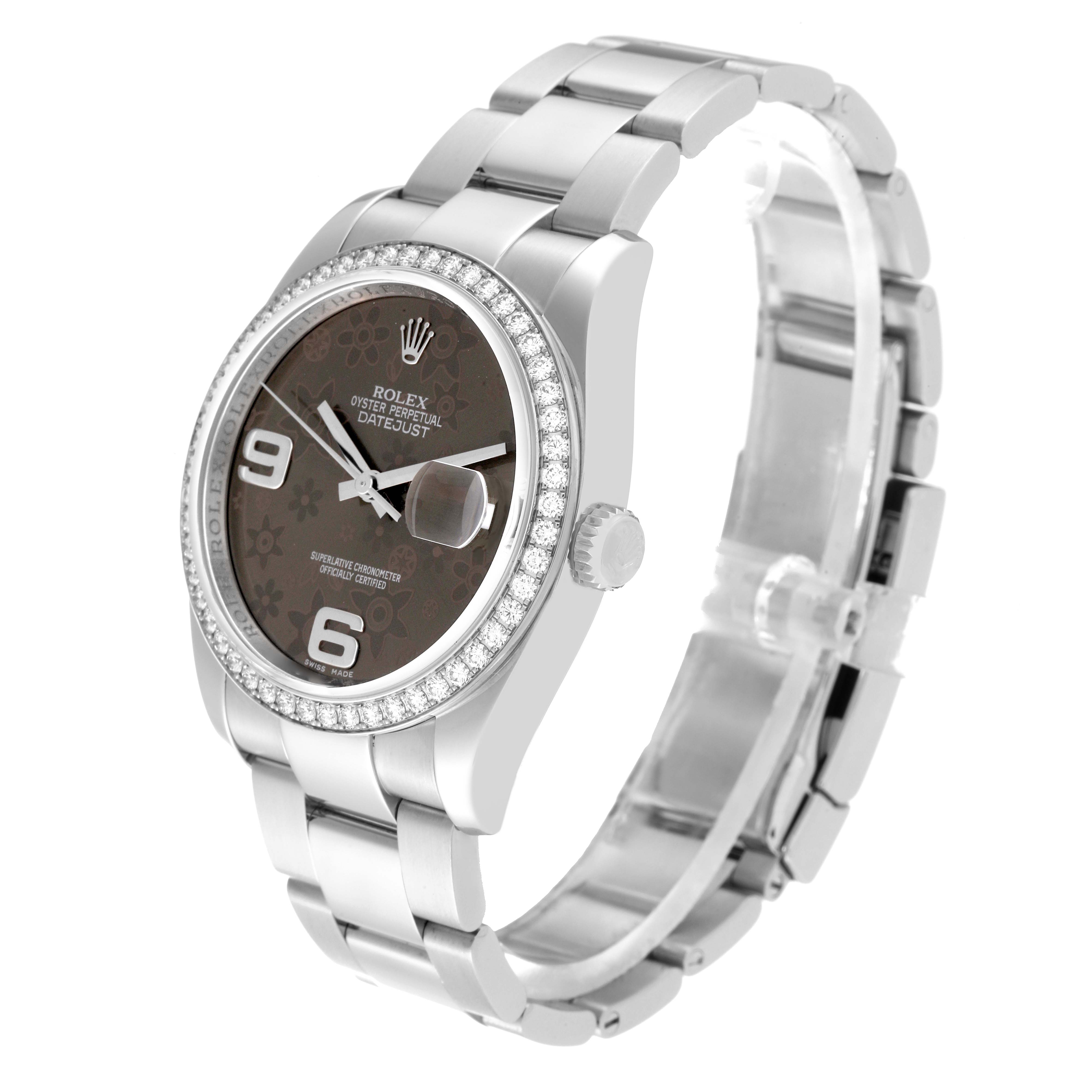 The Rolex Datejust 116244 Men's Stainless Steel Brown Dial 116244 Men's Stainless Steel Brown Dial watch is shown at a three-quarter angle, highlighting the face, bezel, and bracelet.