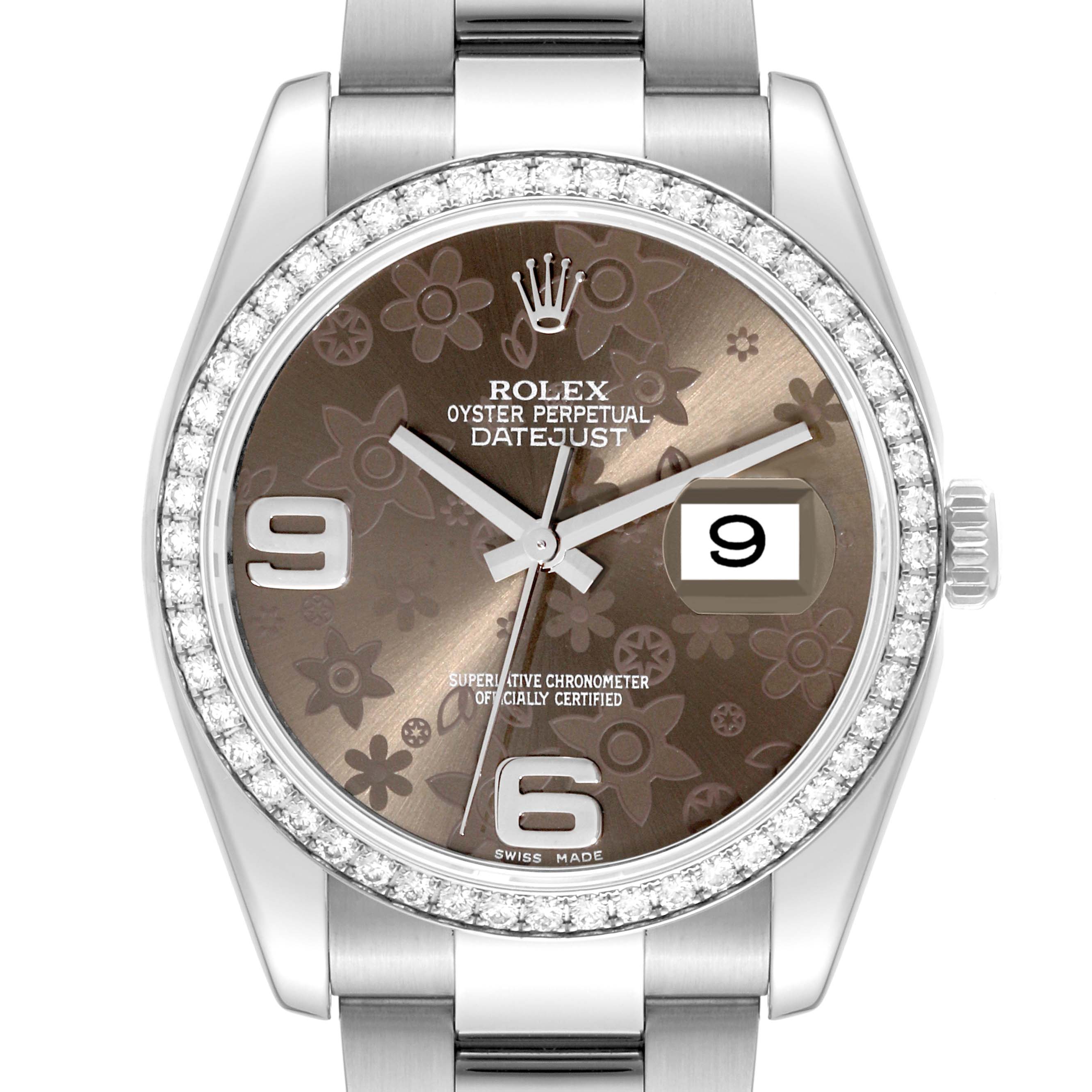 The image shows a frontal view of a Rolex Datejust 116244 Men's Stainless Steel Brown Dial 116244 Men's Stainless Steel Brown Dial watch, featuring the dial, hands, date window, and bezel.