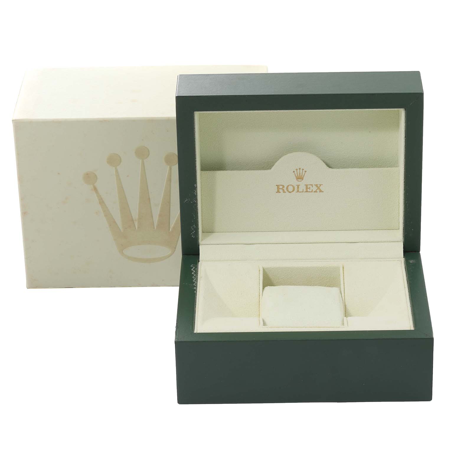 This image shows an open Rolex Datejust 116244 Men's Stainless Steel Brown Dial 116244 Men's Stainless Steel Brown Dial watch box with the outer box also visible.