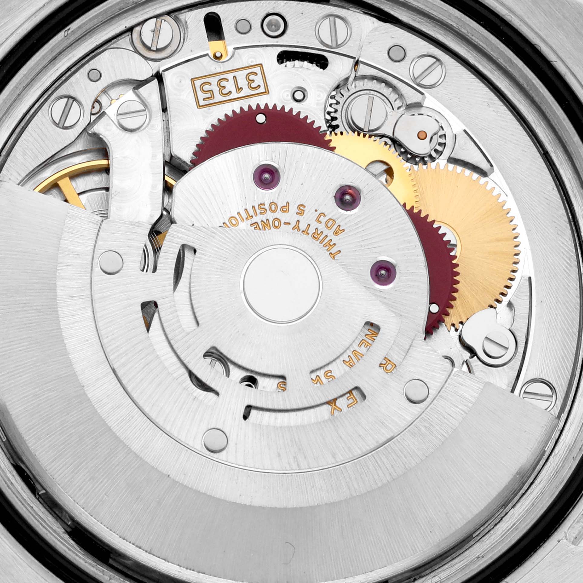 This image shows the intricate movement of the Rolex Datejust 116244 Men's Stainless Steel Brown Dial 116244 Men's Stainless Steel Brown Dial model, showcasing gears and mechanical components.