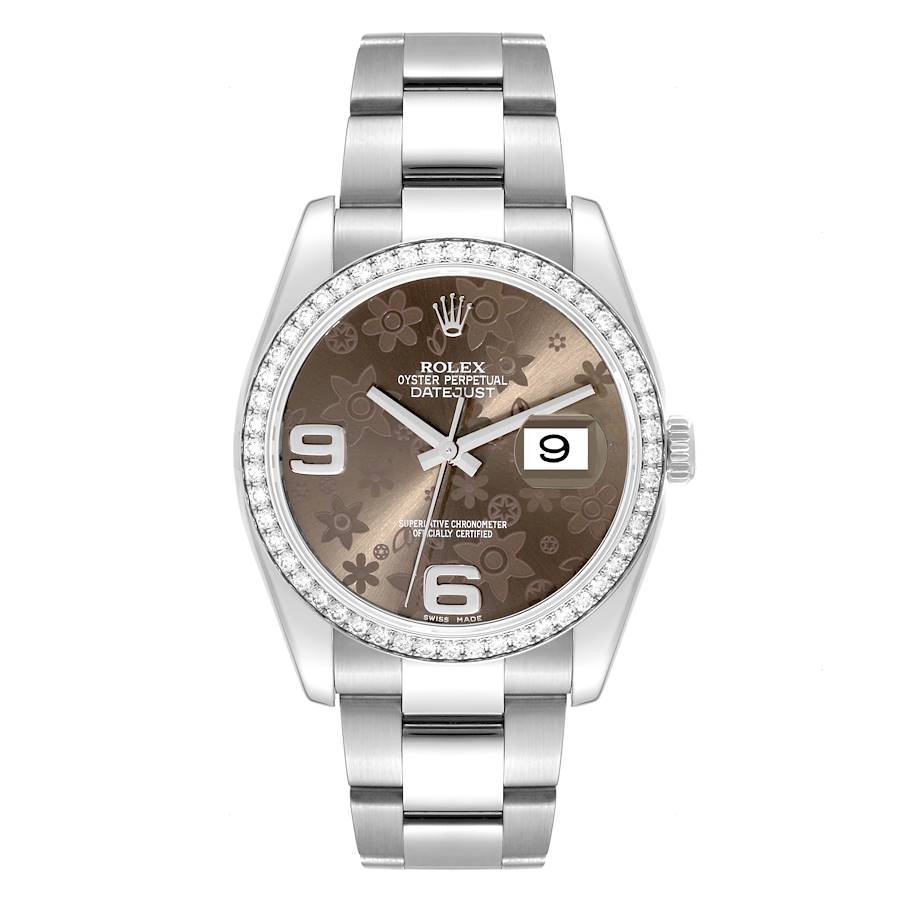 Rolex Datejust Bronze Flower Dial Diamond Bezel Steel Watch 116244 SwissWatchExpo