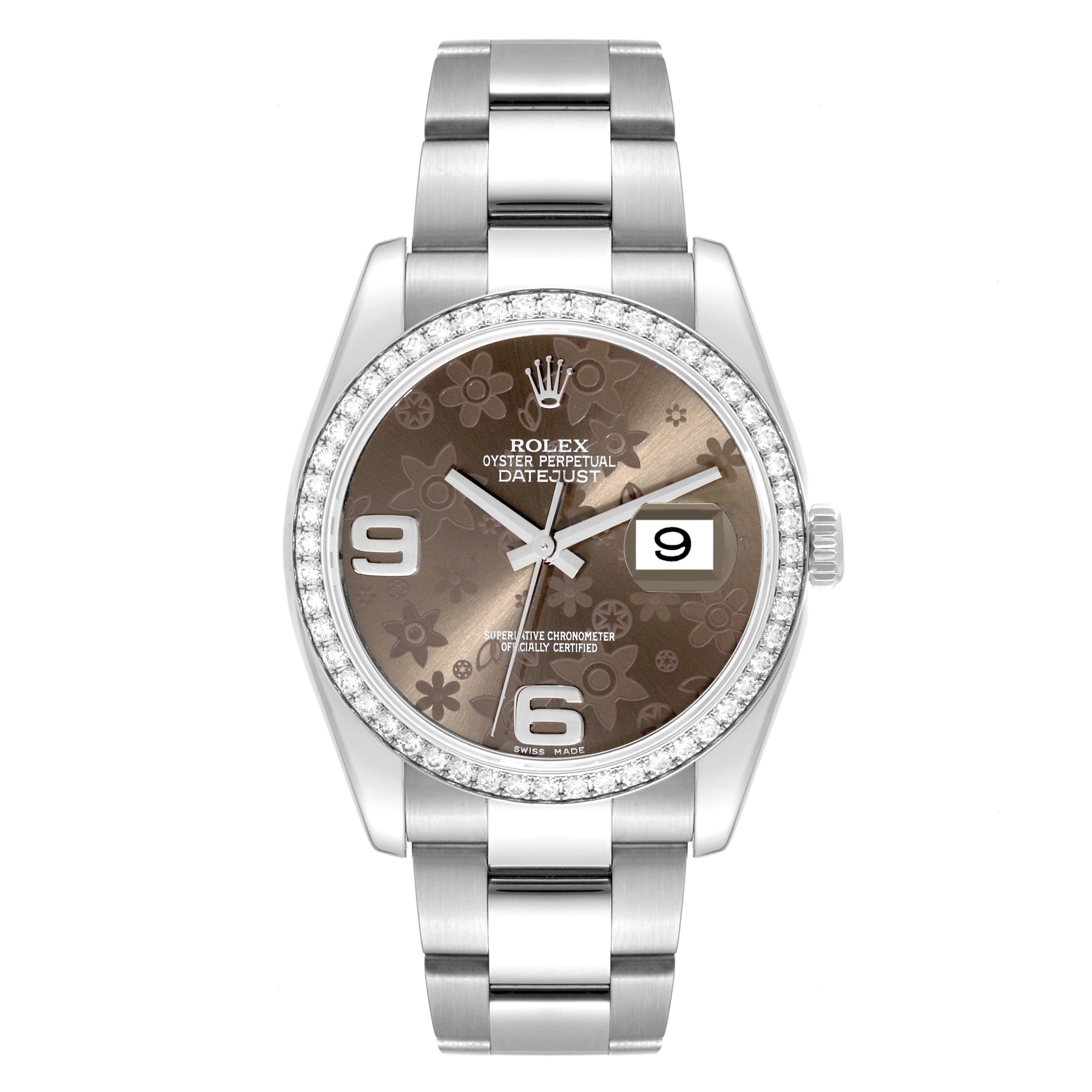 The Rolex Datejust 116244 Men's Stainless Steel Brown Dial 116244 Men's Stainless Steel Brown Dial watch is shown from a top-down angle, displaying the face, bezel, and bracelet.
