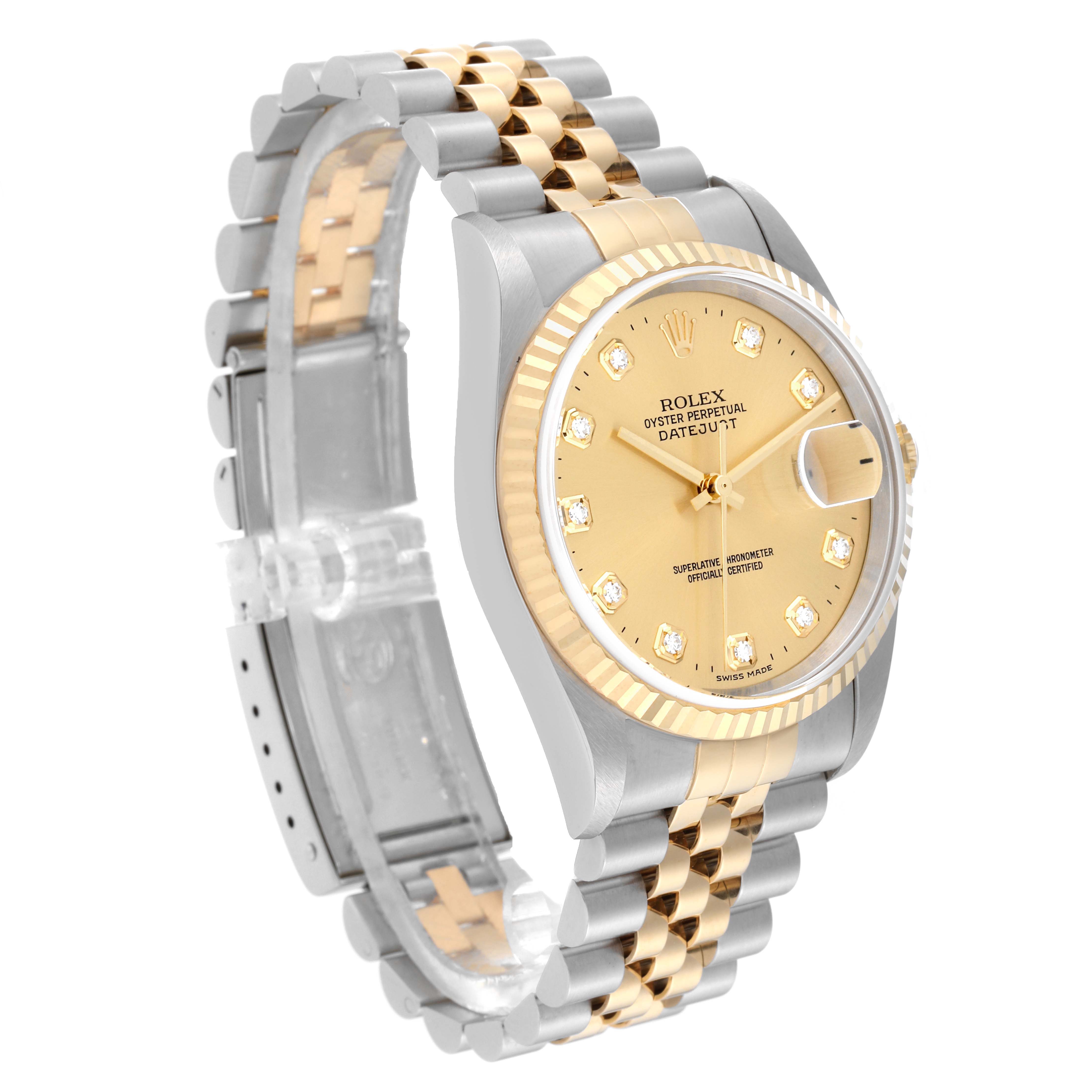 The image shows a Rolex Datejust 16233 Men's Steel and Gold (two tone) Champagne Dial 16233 Men's Steel and Gold (two tone) Champagne Dial watch at an oblique angle, highlighting the bracelet, dial, and bezel.