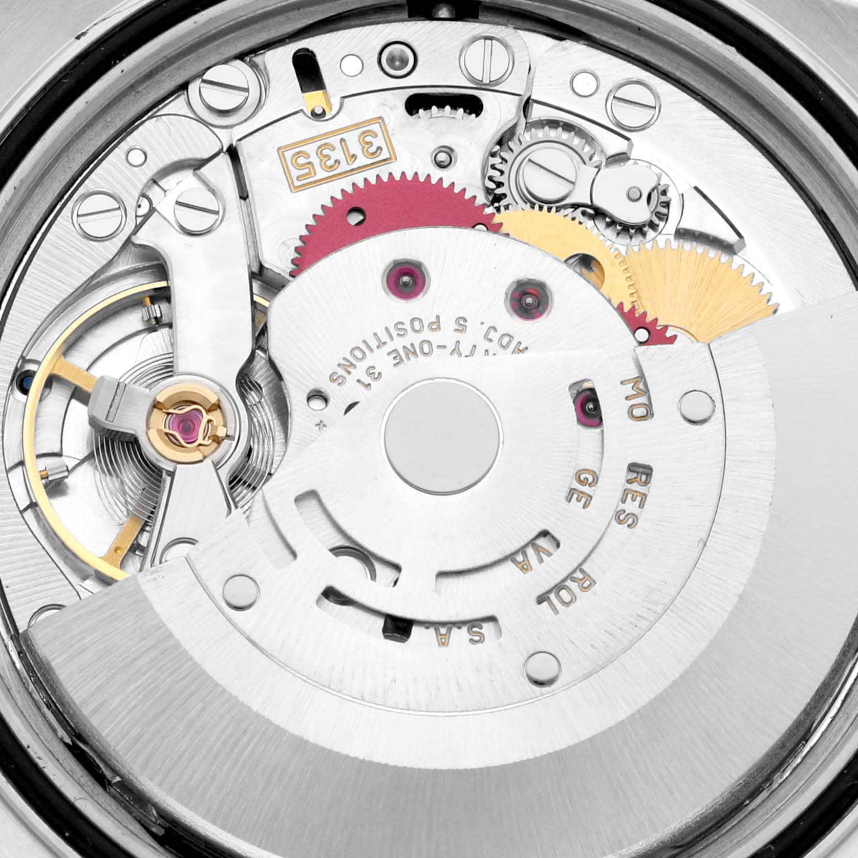 This image shows an internal view of the Rolex Datejust 16233 Men's Steel and Gold (two tone) Champagne Dial 16233 Men's Steel and Gold (two tone) Champagne Dial movement, featuring gears, the rotor, and various mechanical components.