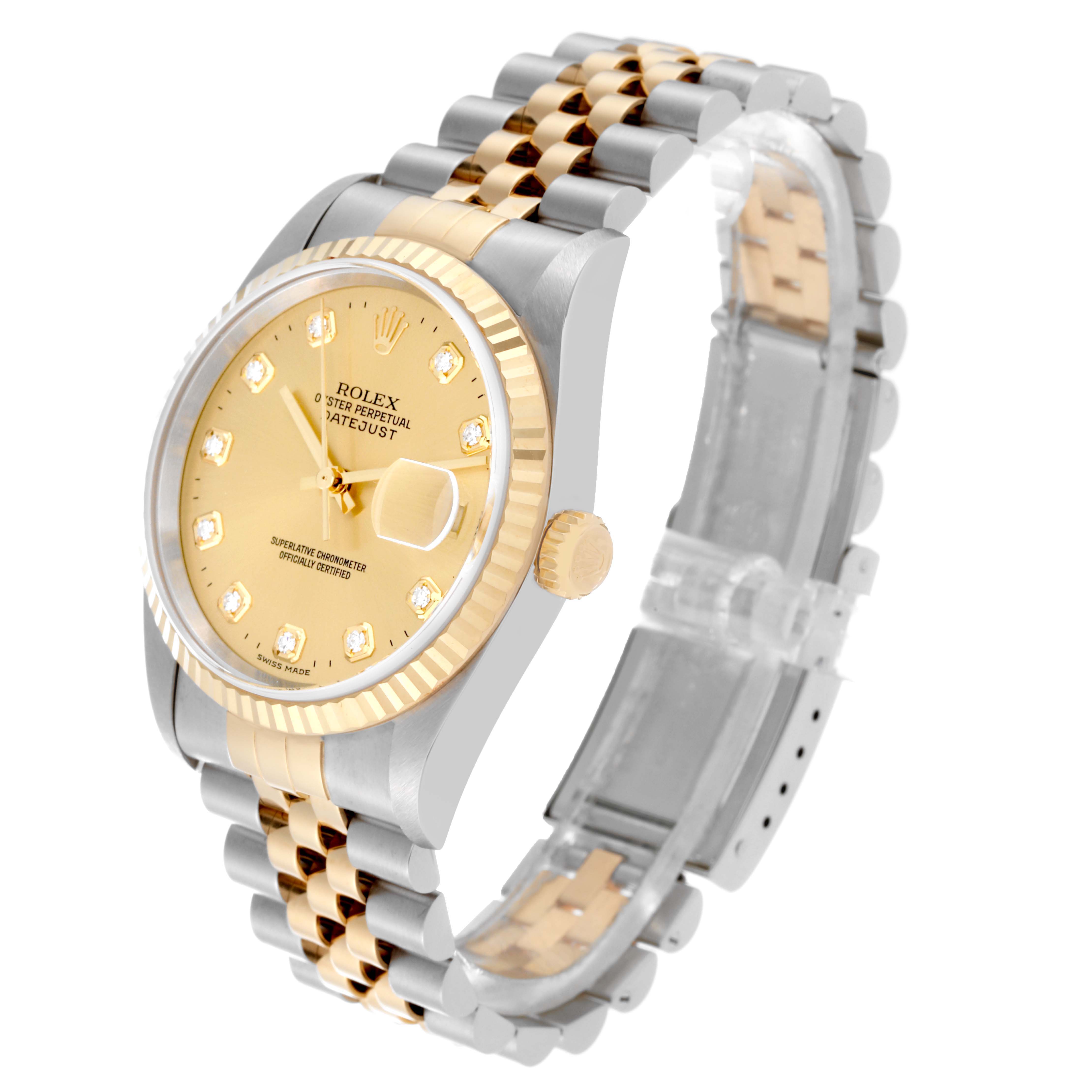 The image shows a Rolex Datejust 16233 Men's Steel and Gold (two tone) Champagne Dial 16233 Men's Steel and Gold (two tone) Champagne Dial watch viewed from an oblique angle, displaying its face, bezel, crown, and two-tone bracelet.