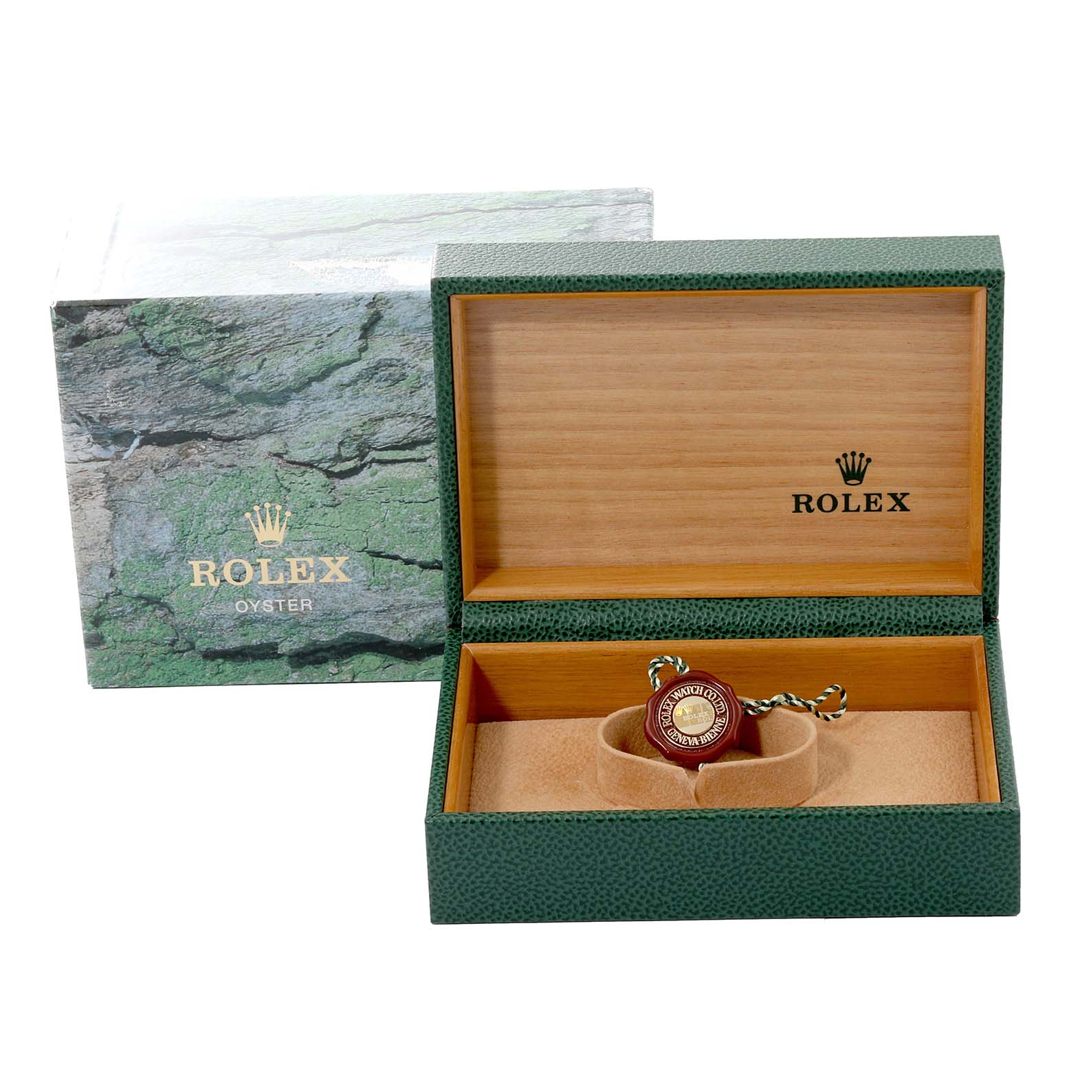 The image shows a Rolex Datejust 16233 Men's Steel and Gold (two tone) Champagne Dial 16233 Men's Steel and Gold (two tone) Champagne Dial watch box and warranty tag, with an open display case and outer packaging.