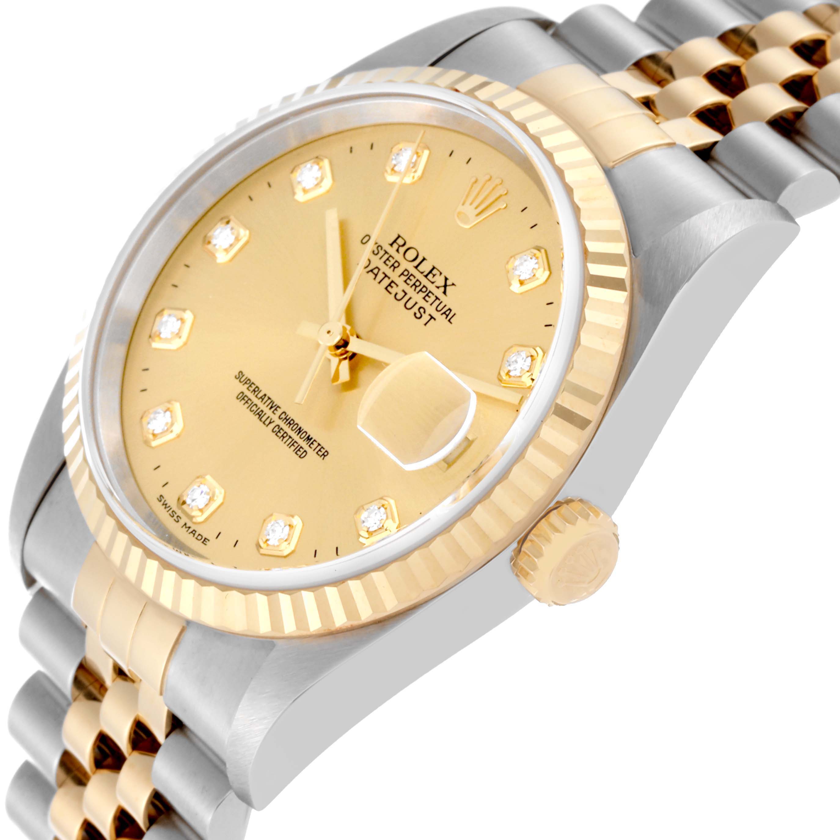 The image shows a close-up angled view of a Rolex Datejust 16233 Men's Steel and Gold (two tone) Champagne Dial 16233 Men's Steel and Gold (two tone) Champagne Dial watch, featuring the dial, fluted bezel, crown, and part of the bracelet.