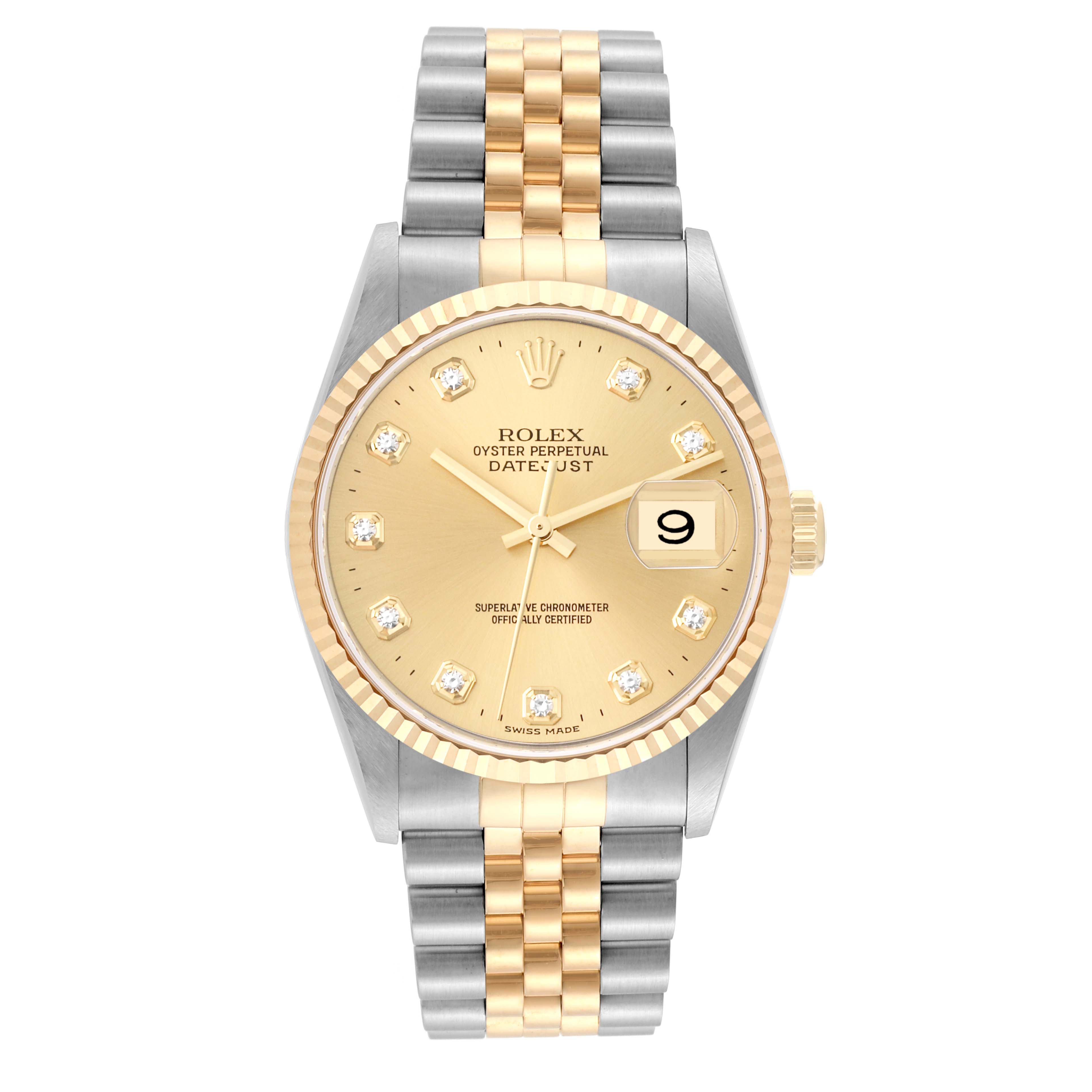 The image shows a front view of the Rolex Datejust 16233 Men's Steel and Gold (two tone) Champagne Dial 16233 Men's Steel and Gold (two tone) Champagne Dial watch featuring a gold dial, diamond hour markers, and a two-tone bracelet.