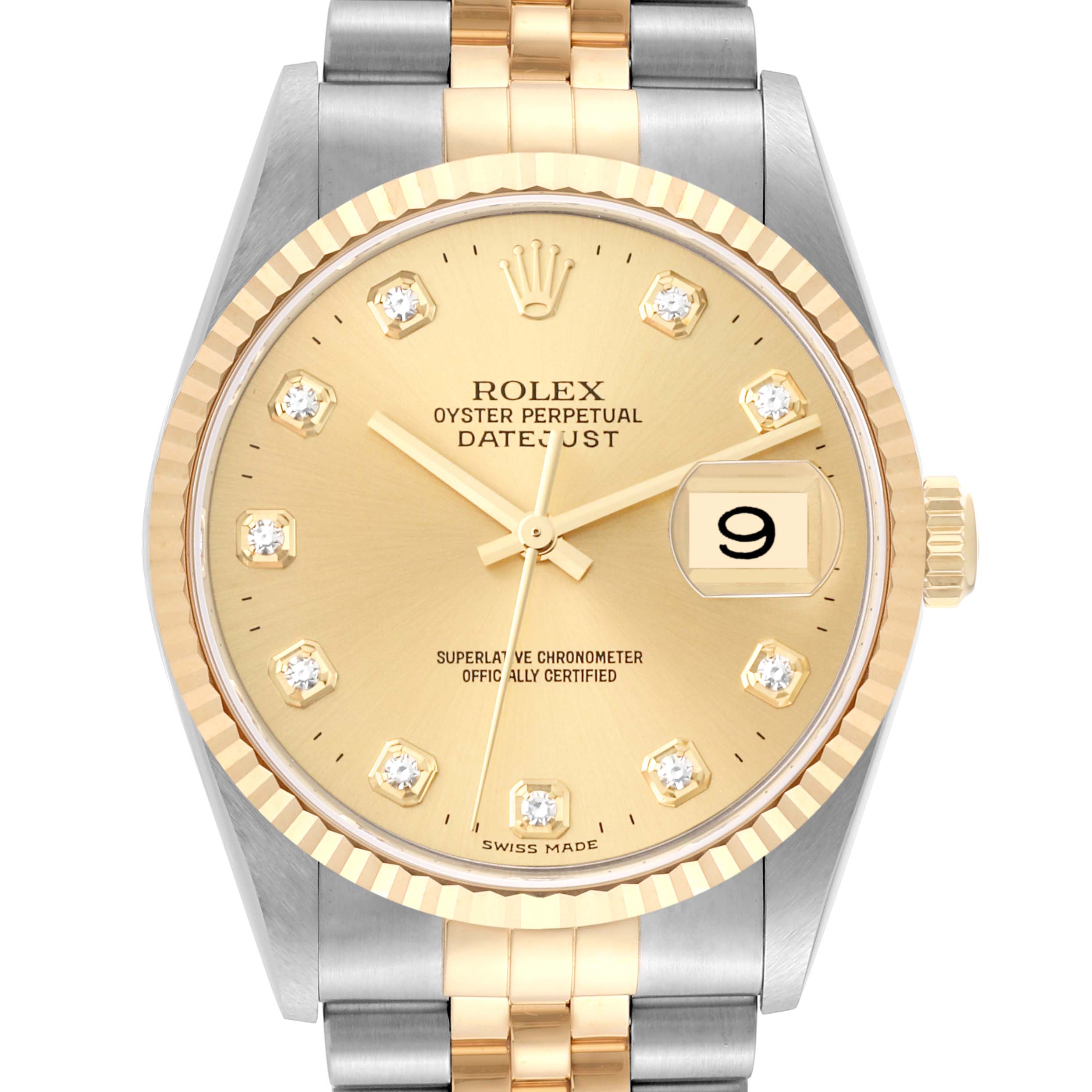 This image shows a front view of a Rolex Datejust 16233 Men's Steel and Gold (two tone) Champagne Dial 16233 Men's Steel and Gold (two tone) Champagne Dial watch featuring a gold and stainless steel bracelet, gold dial, fluted bezel, and date window.