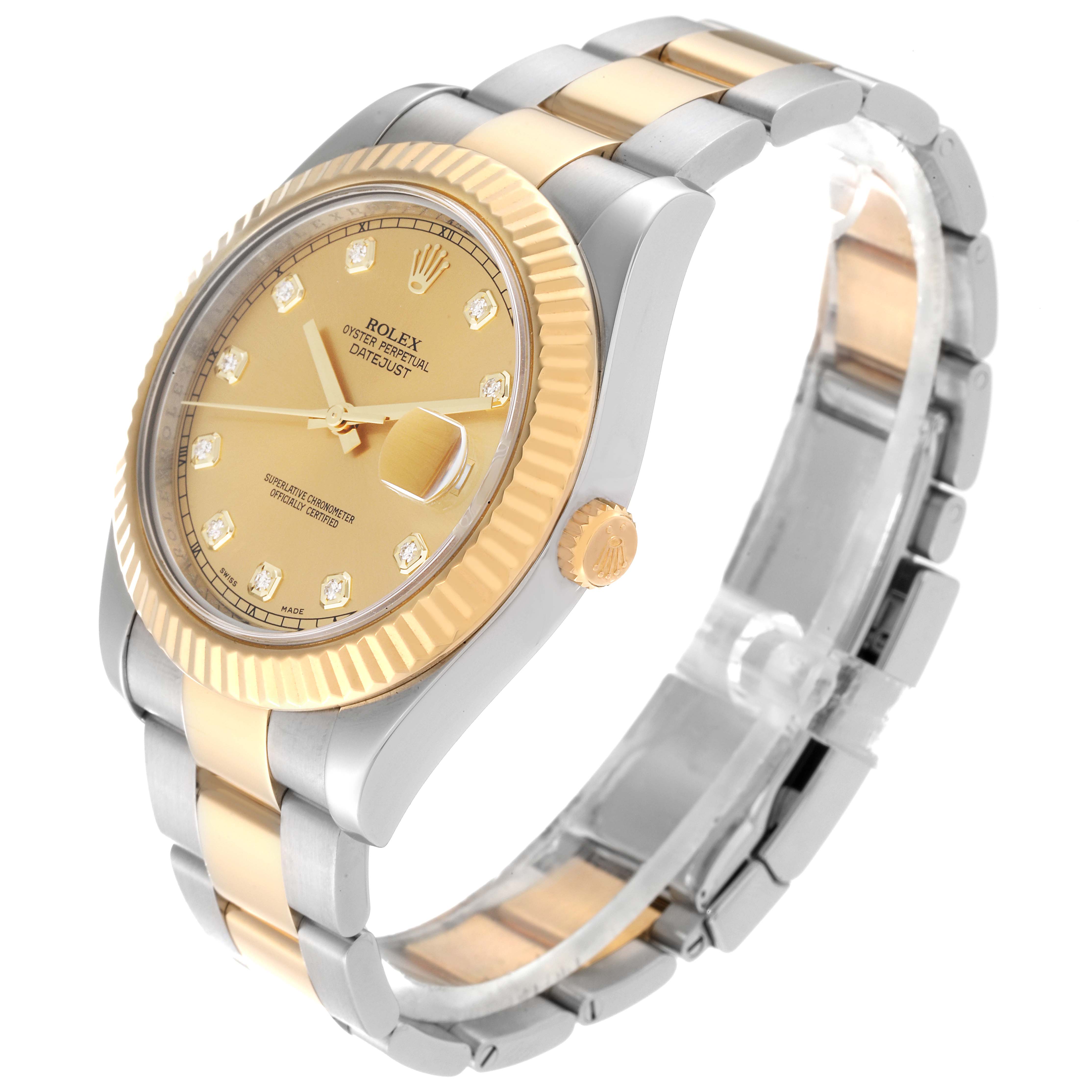 The image shows a Rolex Datejust 41 116333 Men's Steel and Gold (two tone) Champagne Dial 116333 Men's Steel and Gold (two tone) Champagne Dial watch from a three-quarter angle, highlighting its gold and silver bracelet and fluted bezel.