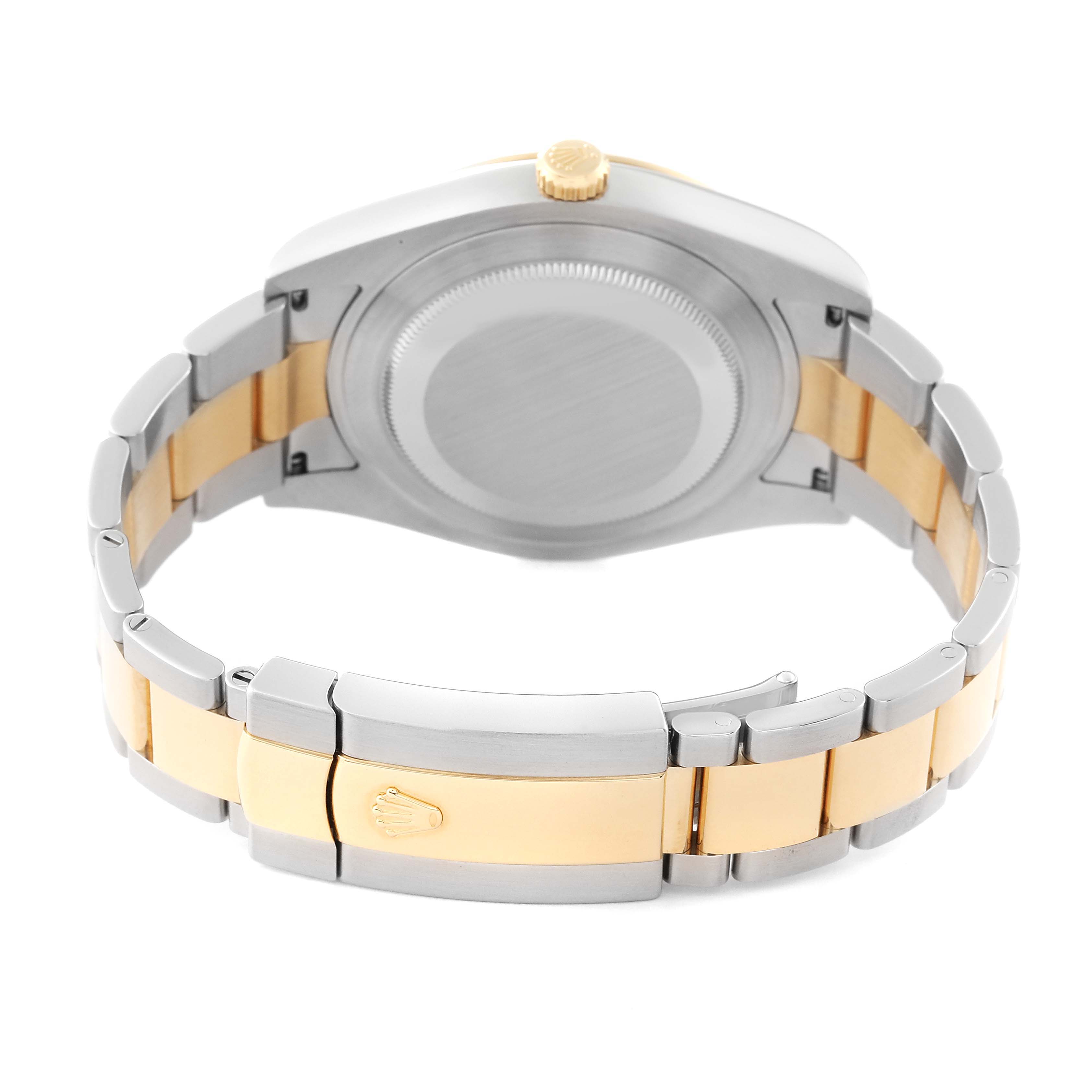 This image shows the back view of a Rolex Datejust 41 116333 Men's Steel and Gold (two tone) Champagne Dial 116333 Men's Steel and Gold (two tone) Champagne Dial watch, highlighting its case back and two-tone bracelet with clasp.