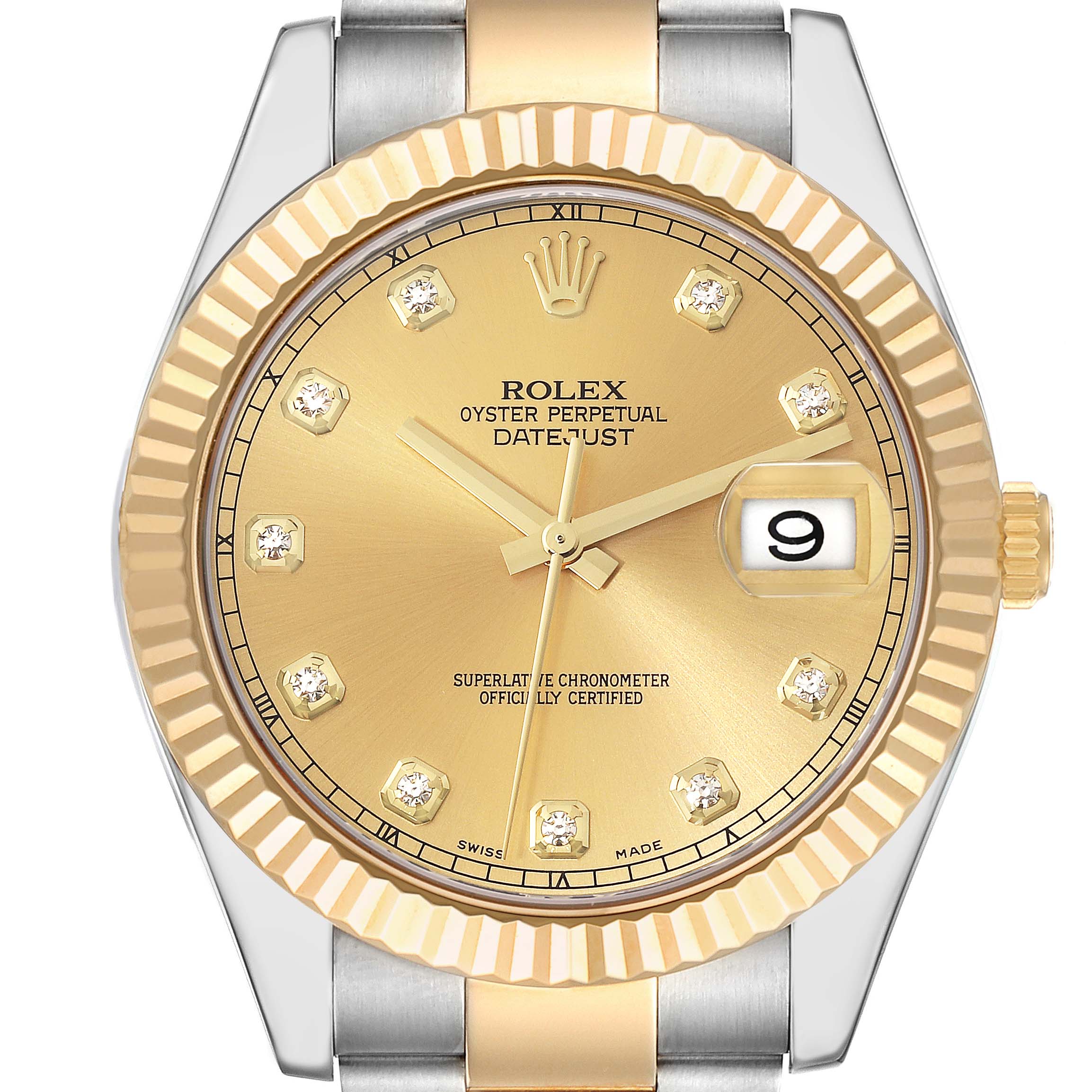 This image shows a frontal view of the Rolex Datejust 41 116333 Men's Steel and Gold (two tone) Champagne Dial 116333 Men's Steel and Gold (two tone) Champagne Dial watch, highlighting the dial, fluted bezel, and part of the bracelet.