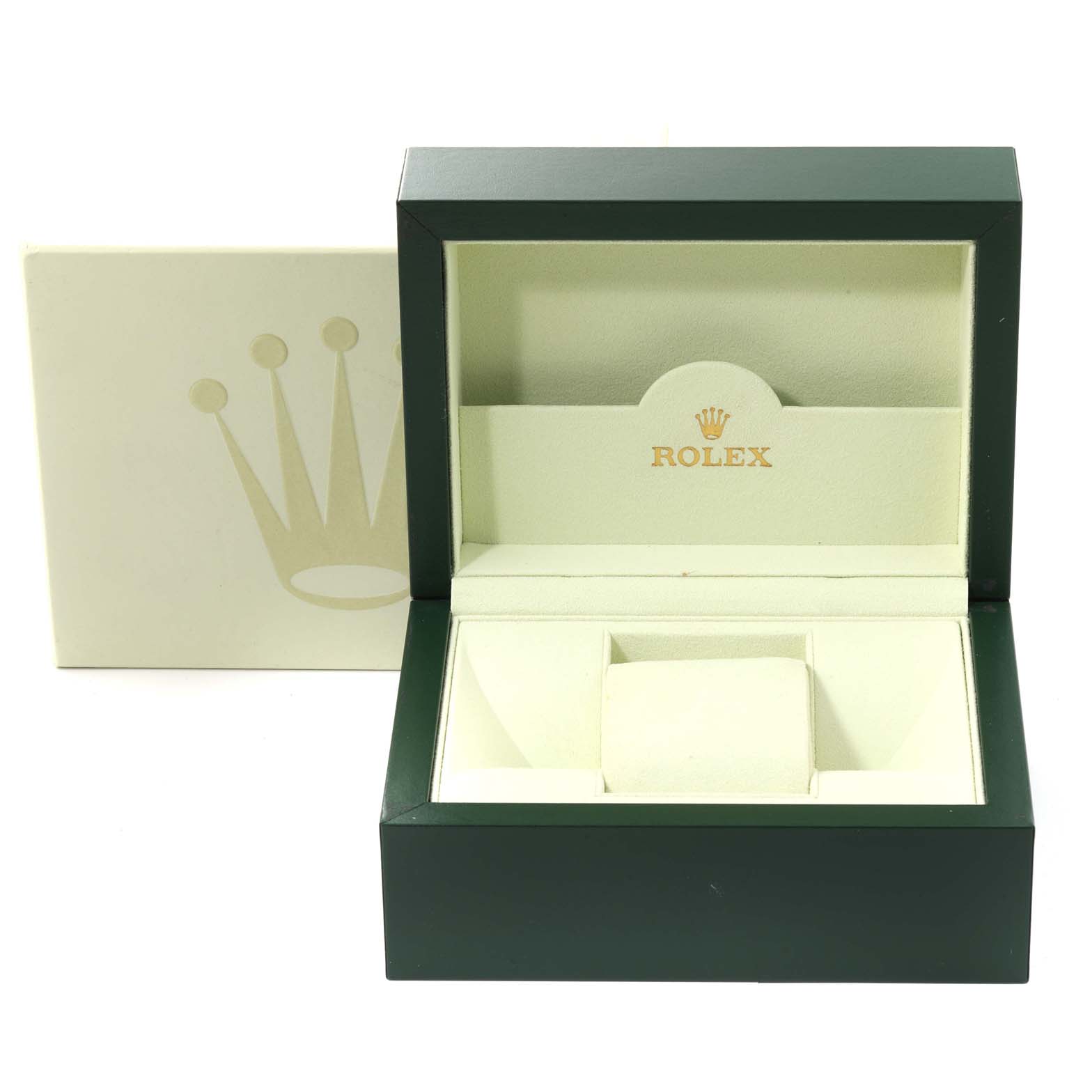 The image shows an open, empty Rolex Datejust 41 116333 Men's Steel and Gold (two tone) Champagne Dial 116333 Men's Steel and Gold (two tone) Champagne Dial watch box featuring the green exterior and cream interior.