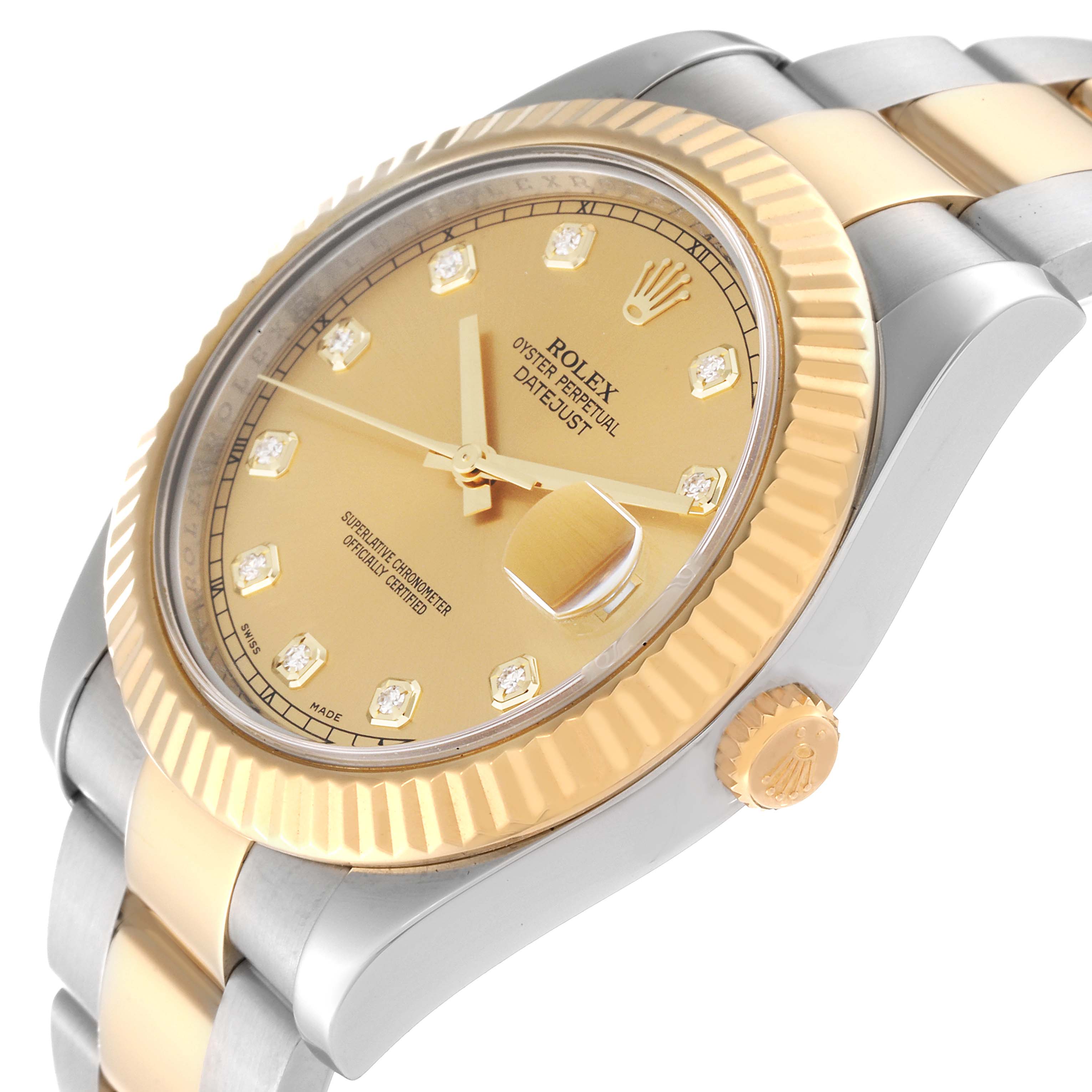 The image displays the Rolex Datejust 41 116333 Men's Steel and Gold (two tone) Champagne Dial 116333 Men's Steel and Gold (two tone) Champagne Dial watch at a slight angle, showcasing the gold dial, diamond hour markers, fluted bezel, bracelet, and crown.