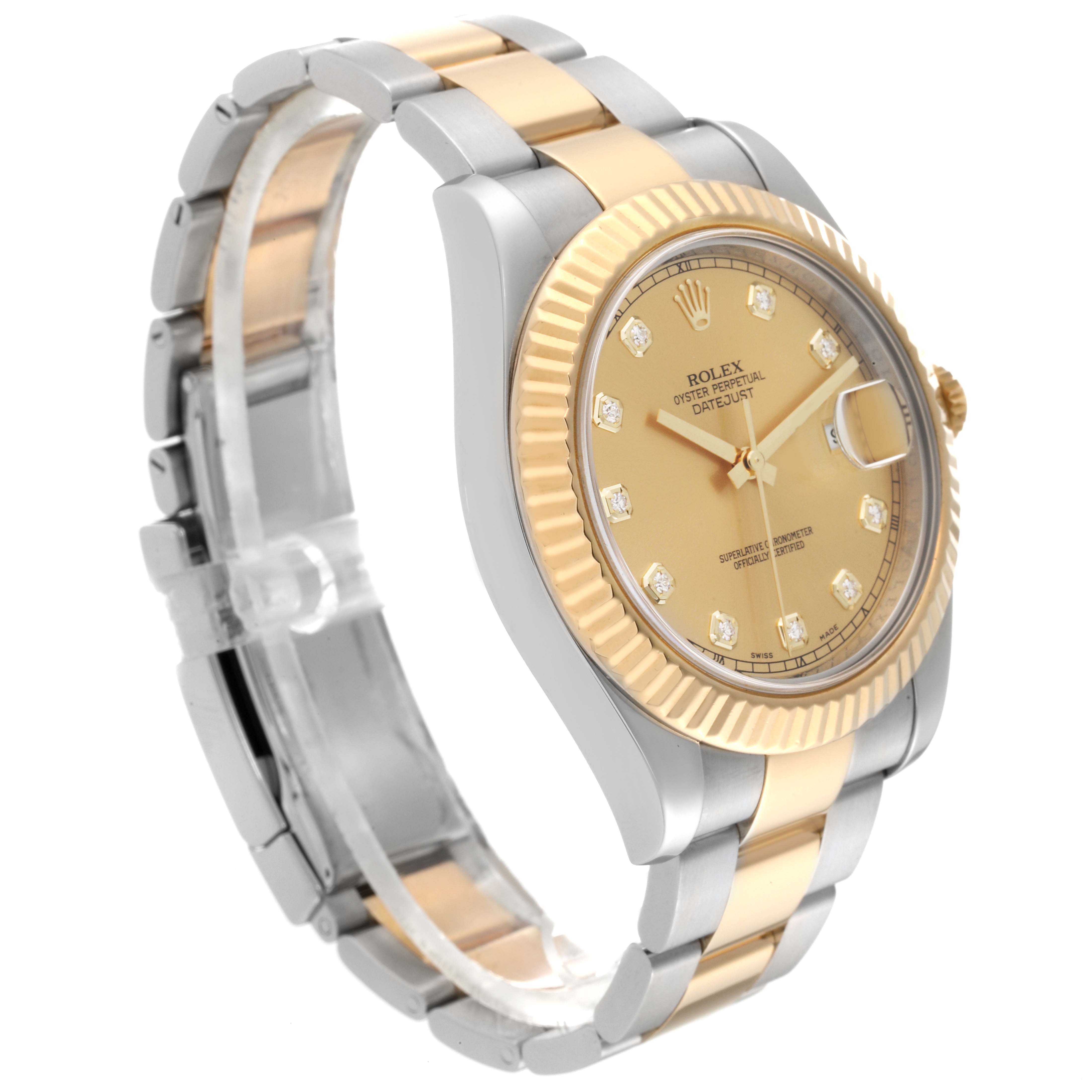 This image shows a side angle of the Rolex Datejust 41 116333 Men's Steel and Gold (two tone) Champagne Dial 116333 Men's Steel and Gold (two tone) Champagne Dial watch, highlighting its two-tone bracelet, fluted bezel, and champagne dial with diamond markers.