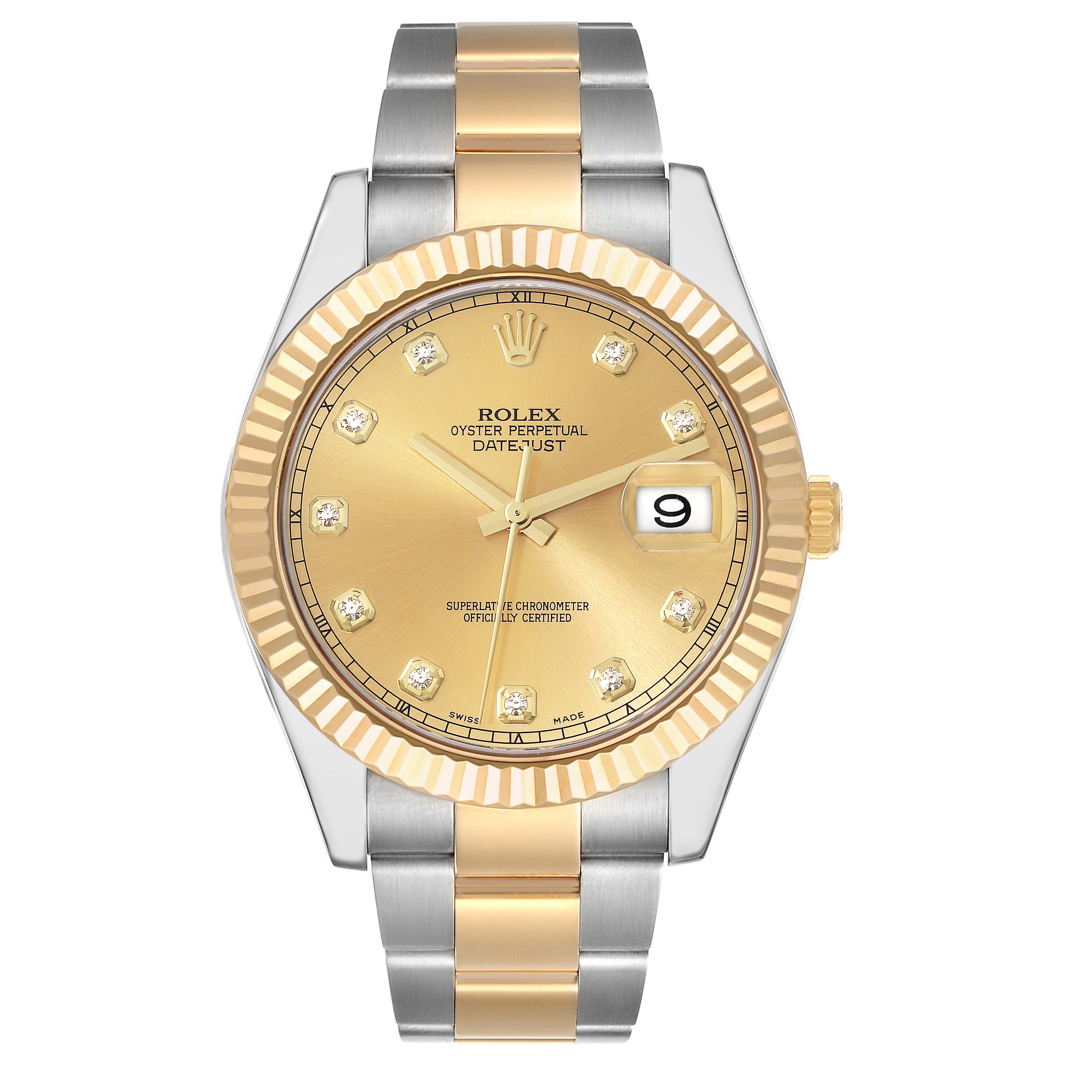 The Rolex Datejust 41 116333 Men's Steel and Gold (two tone) Champagne Dial 116333 Men's Steel and Gold (two tone) Champagne Dial is shown from the front, highlighting its gold dial, date window, diamond hour markers, and two-tone bracelet.