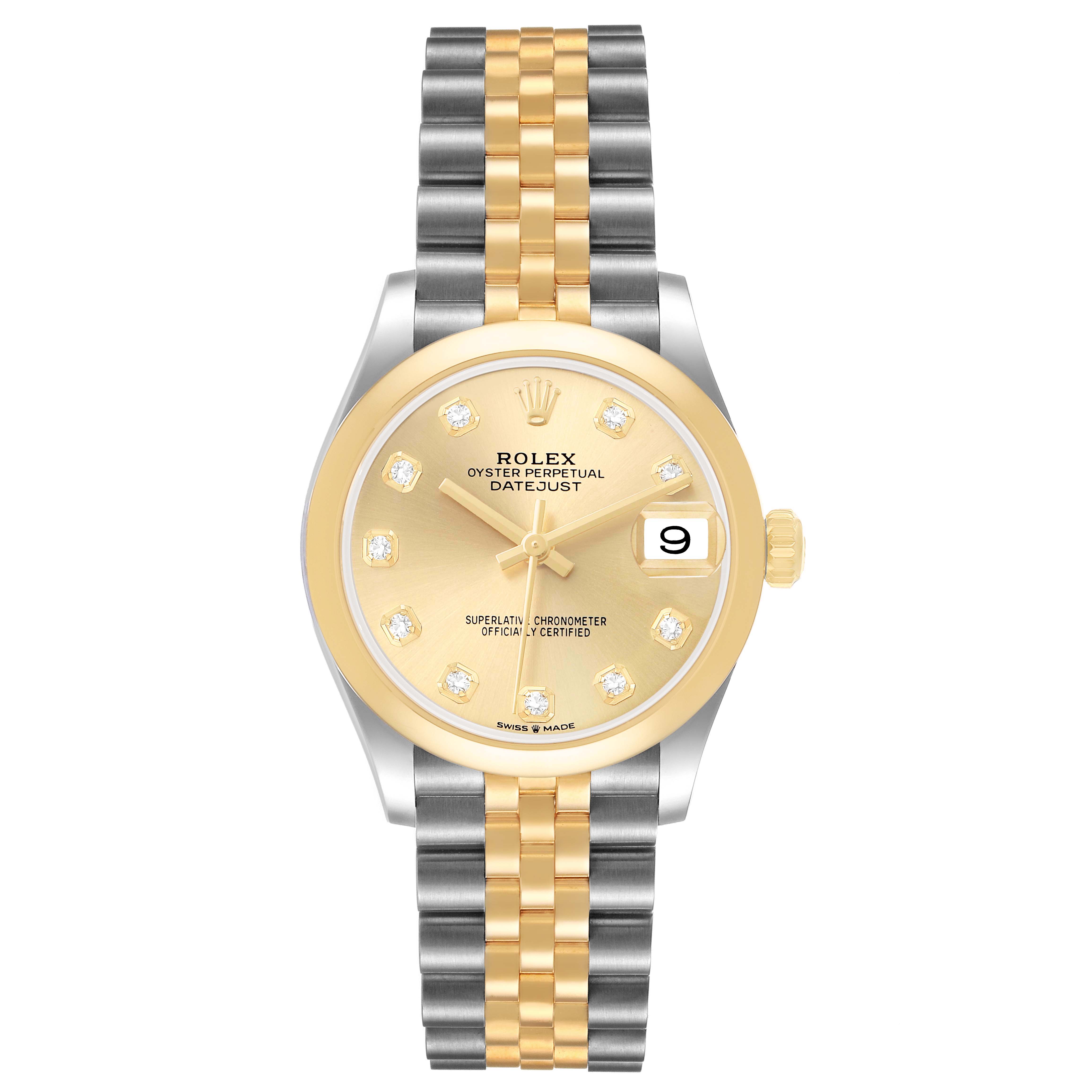 The Rolex Mid-Size 278243 Women's Steel and Gold (two tone) Champagne Dial Datejust watch is shown from a top view, displaying the dial, bezel, and bracelet.