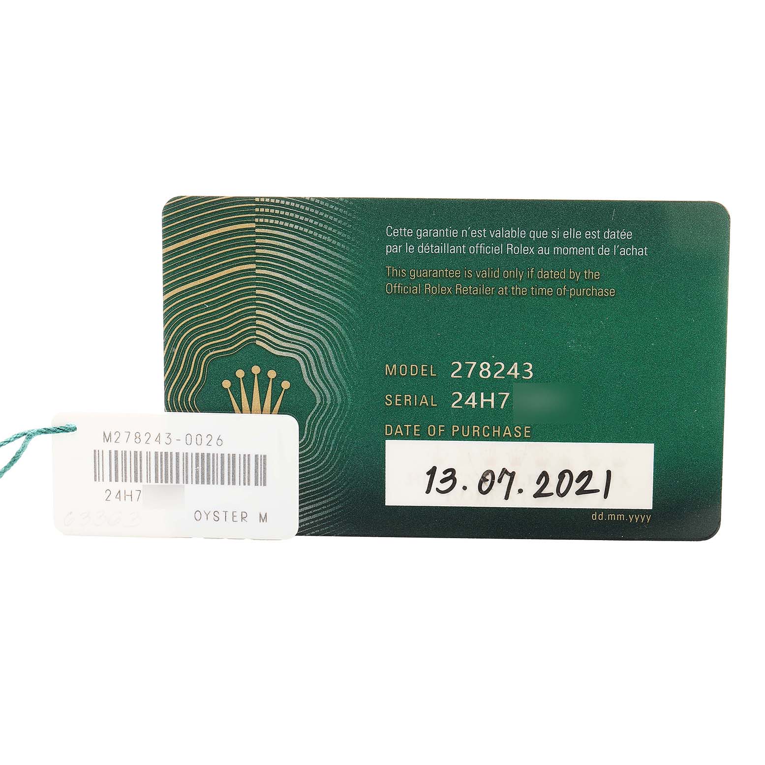This image shows a Rolex warranty card for the Mid-Size model 278243, featuring purchase details and a serial number.