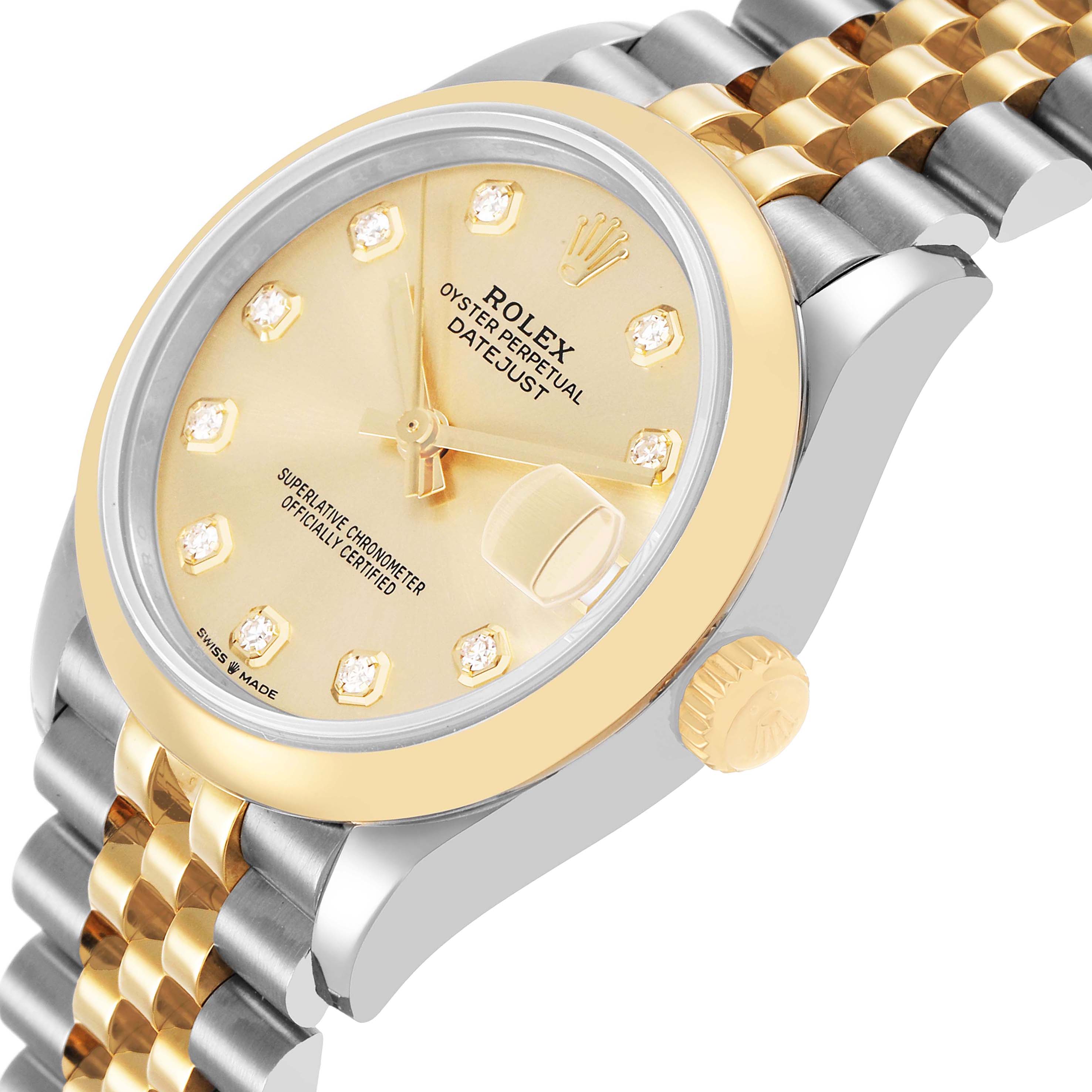 The Rolex Datejust Mid-Size watch is displayed at a three-quarter angle, highlighting the dial, bezel, crown, and bracelet.