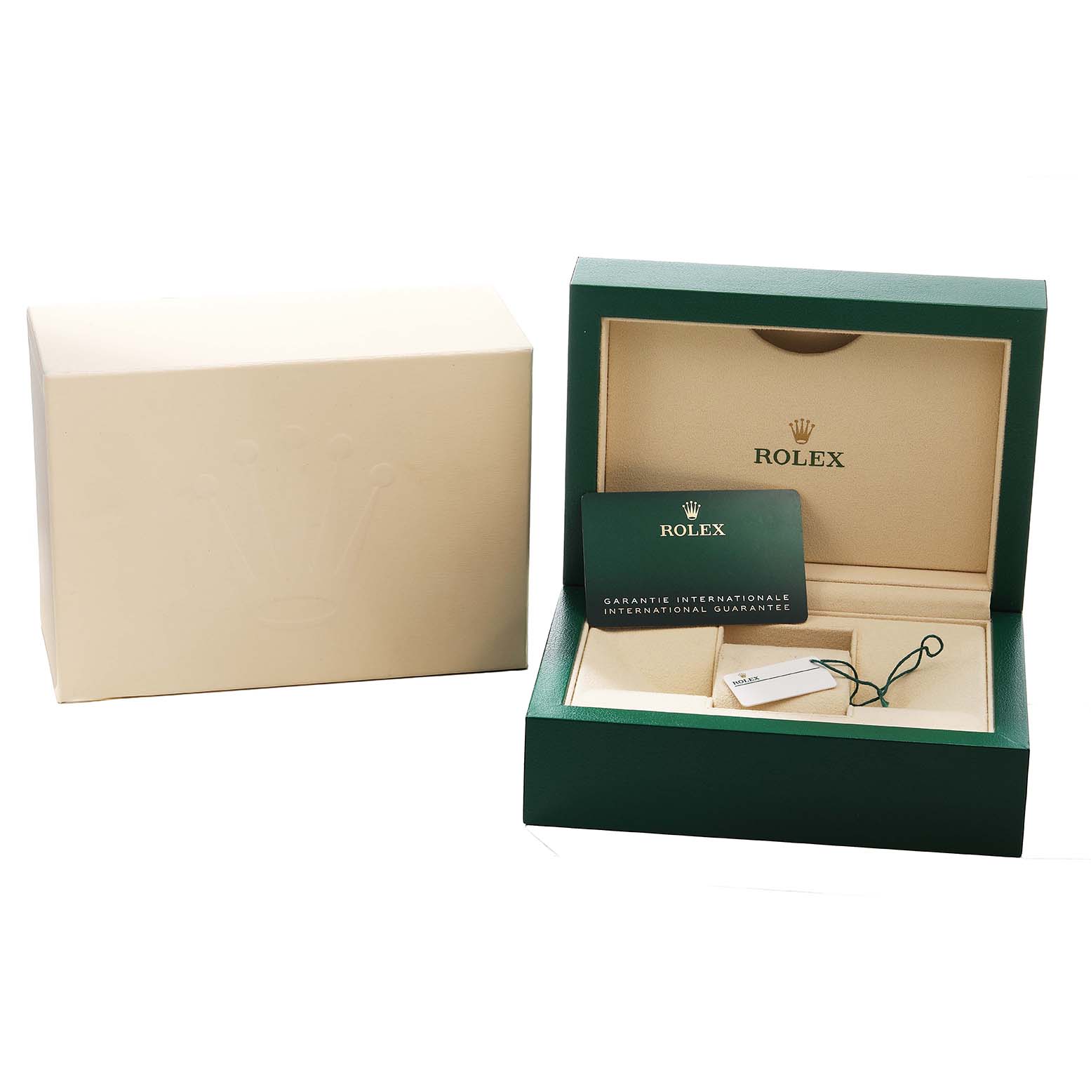 The image shows a Rolex Mid-Size 278243 Women's Steel and Gold (two tone) Champagne Dial watch box and accessories, including a green card and tags, with a focus on the open box.