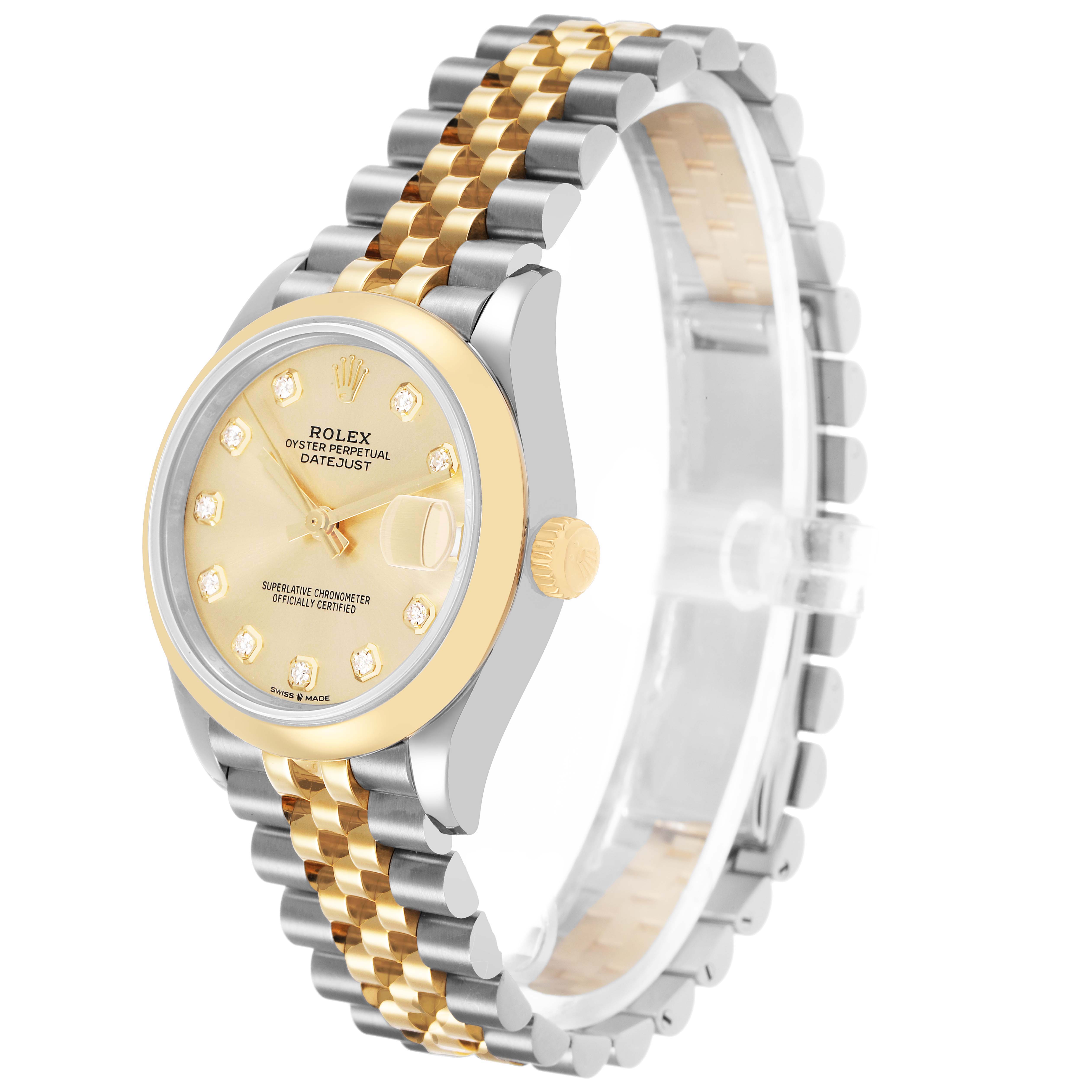 The Rolex Datejust Mid-Size watch is shown at a slight side angle, displaying the dial, bezel, crown, and Jubilee bracelet.