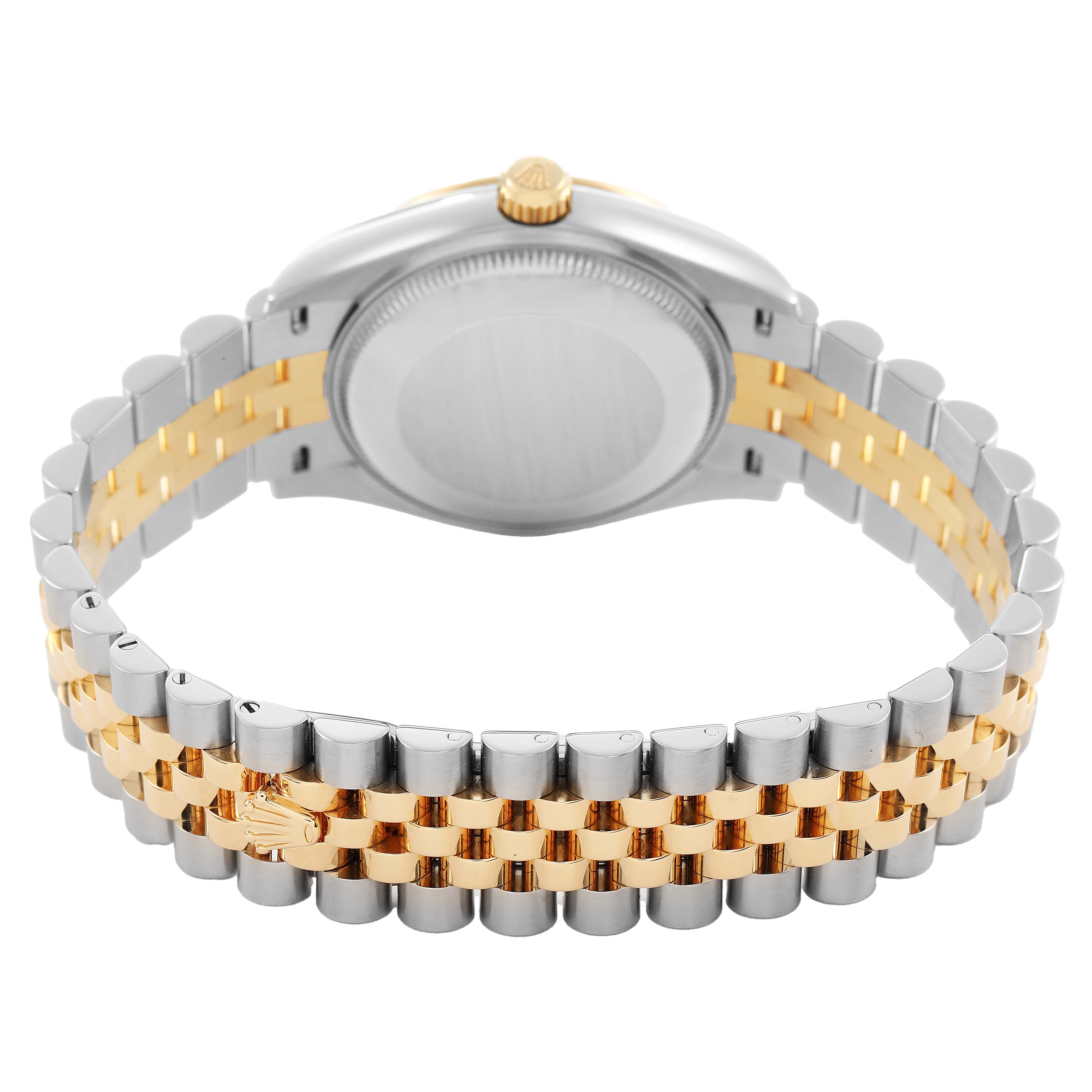 The image shows the back and bracelet of a Rolex Mid-Size 278243 Women's Steel and Gold (two tone) Champagne Dial model, highlighting its two-tone bracelet and case back from the rear angle.