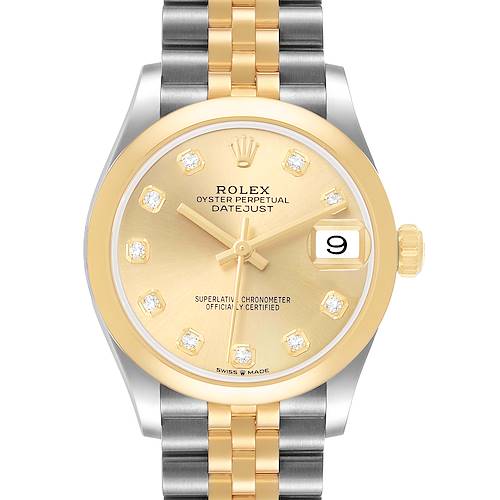The image shows a Rolex Datejust Mid-Size watch from a frontal angle, highlighting the dial, markers, bezel, and part of the bracelet.