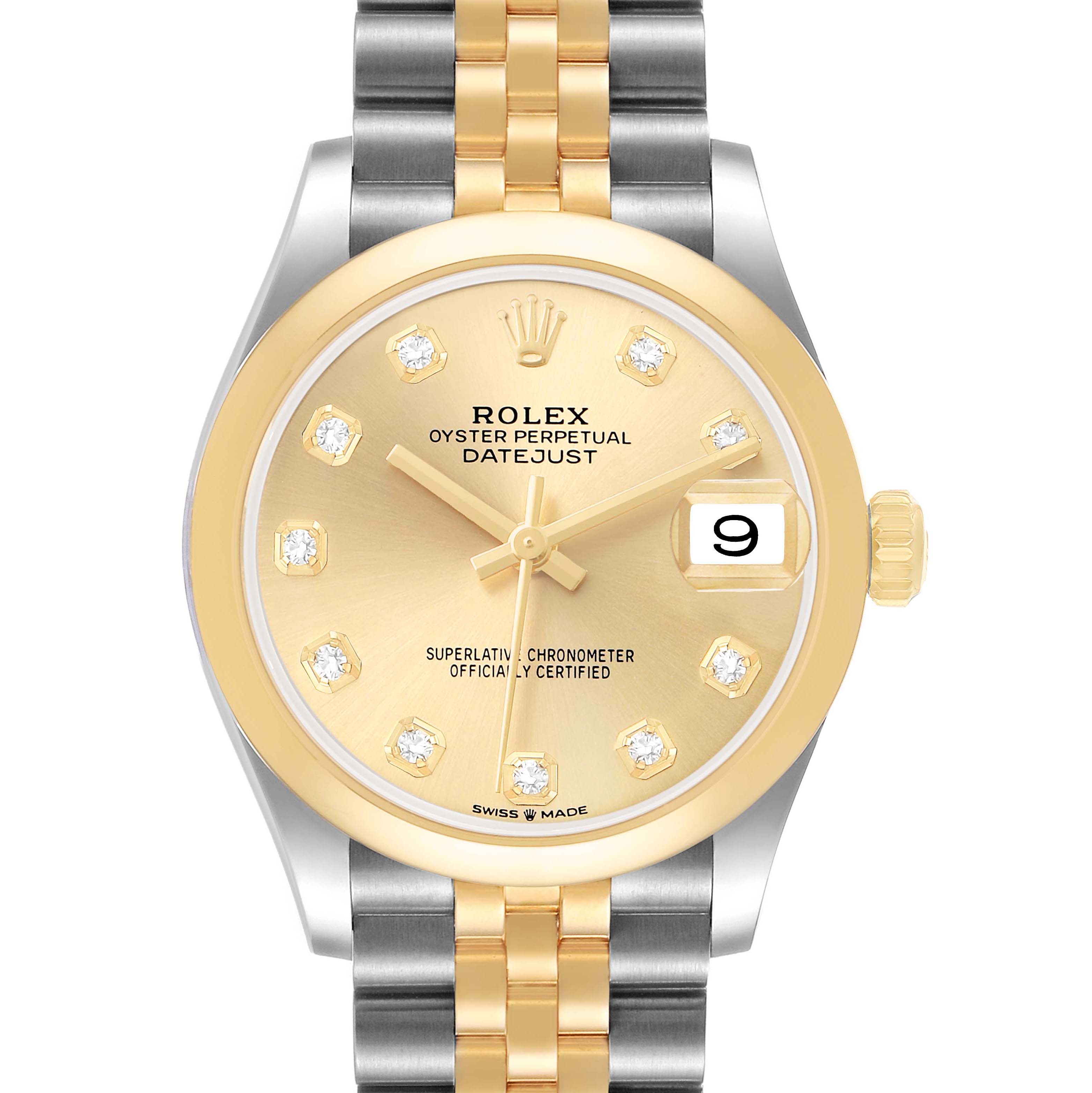 The Rolex Datejust Mid-Size watch is shown from a front angle, displaying its two-tone bracelet, dial, bezel, and date window.