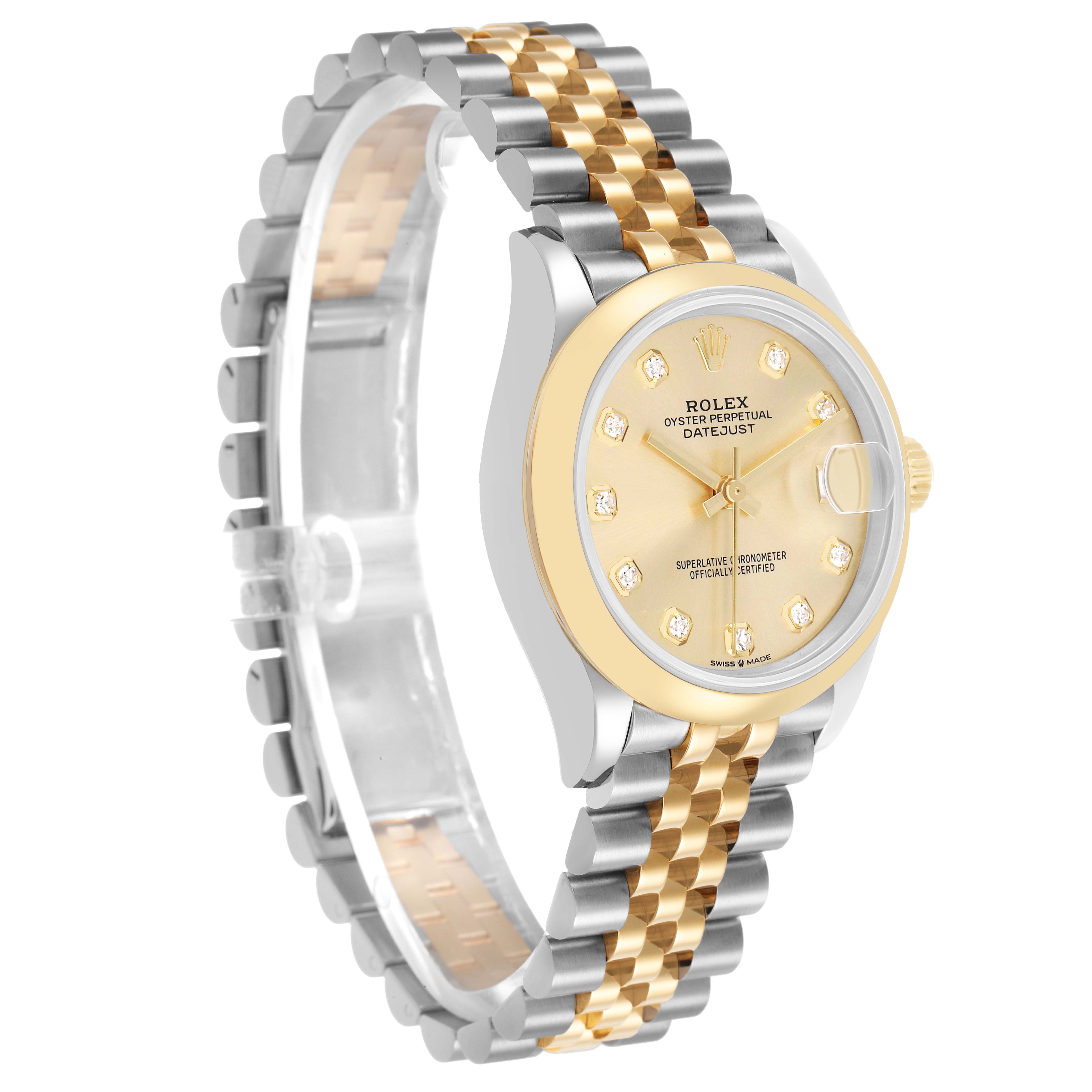 The Rolex Mid-Size 278243 Women's Steel and Gold (two tone) Champagne Dial watch is shown at an angled side view, highlighting its two-tone bracelet and gold dial.