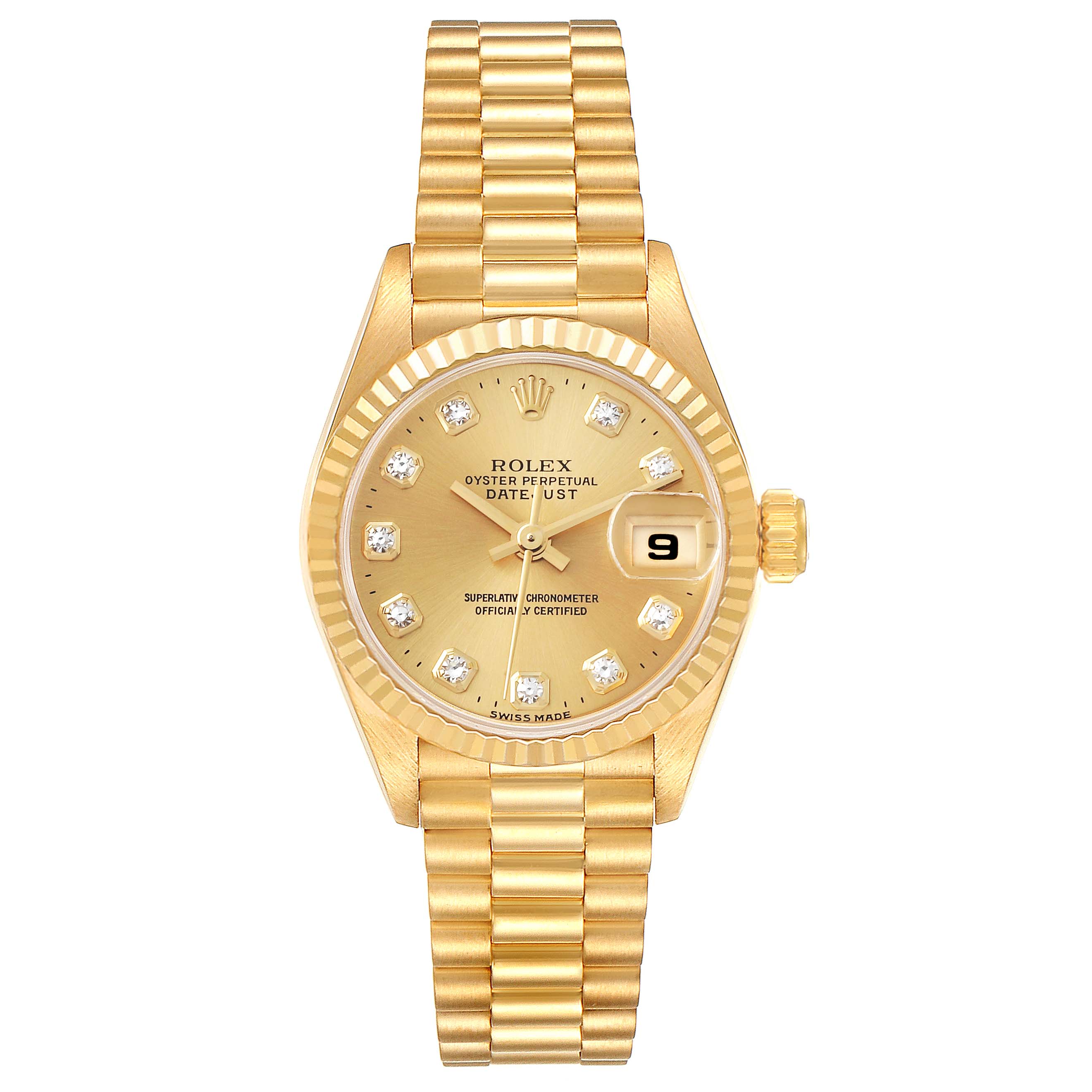 The image shows the Rolex President 69178 Women's Yellow Gold Champagne Dial 69178 Women's Yellow Gold Champagne Dial model watch from a front angle, displaying the dial, bracelet, and date window.