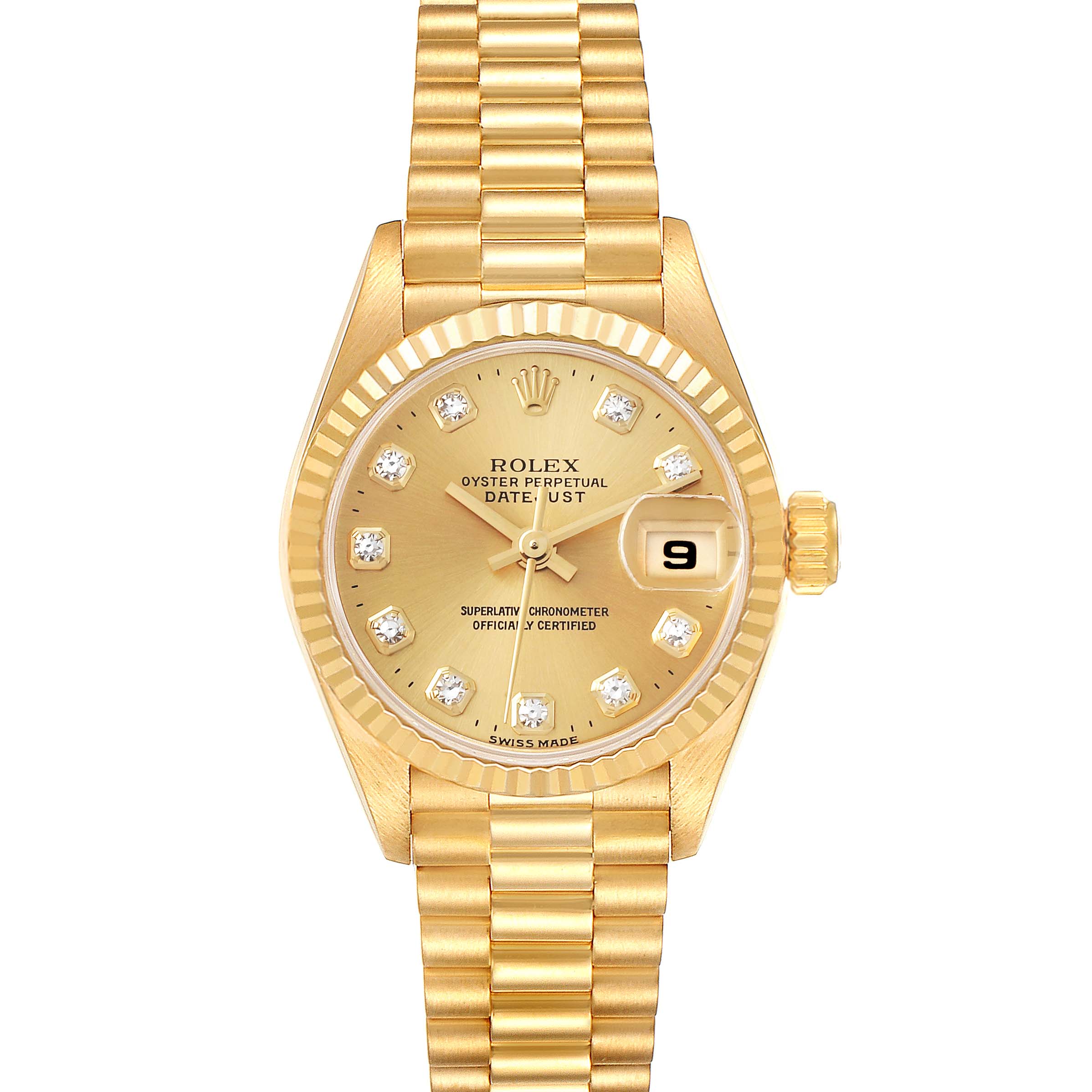 The image shows a front view of a Rolex President 69178 Women's Yellow Gold Champagne Dial 69178 Women's Yellow Gold Champagne Dial model watch, highlighting its gold dial, date window, and bracelet.