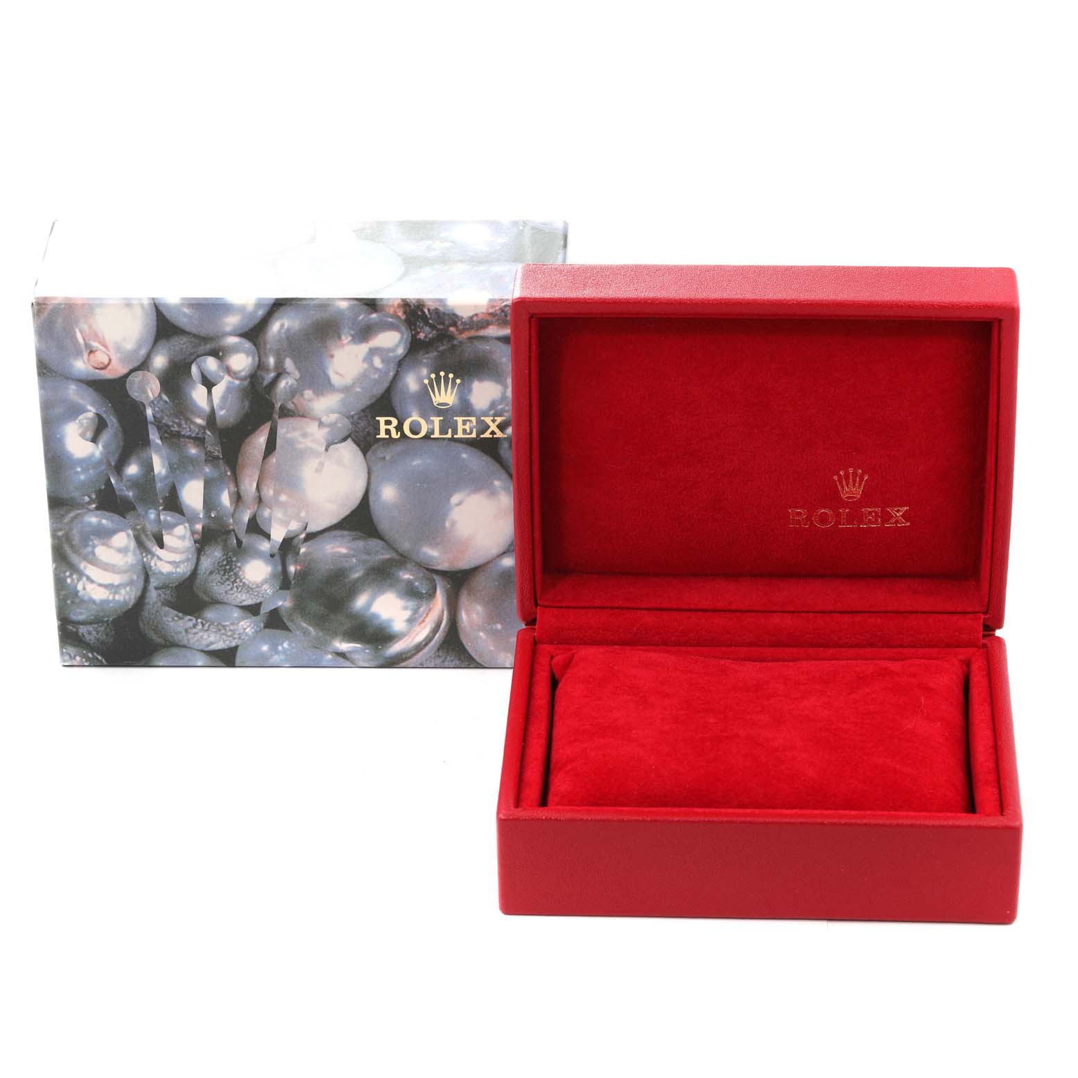 The image shows a Rolex President 69178 Women's Yellow Gold Champagne Dial 69178 Women's Yellow Gold Champagne Dial model watch box, with the box open to reveal the red interior and an outer decorative box.