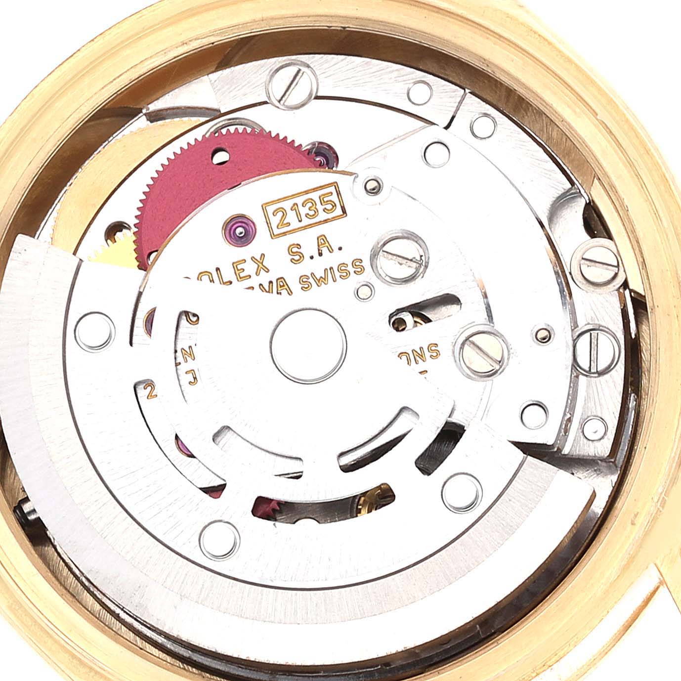 The image shows a close-up view of the internal mechanical movement of a Rolex President 69178 Women's Yellow Gold Champagne Dial 69178 Women's Yellow Gold Champagne Dial model watch.