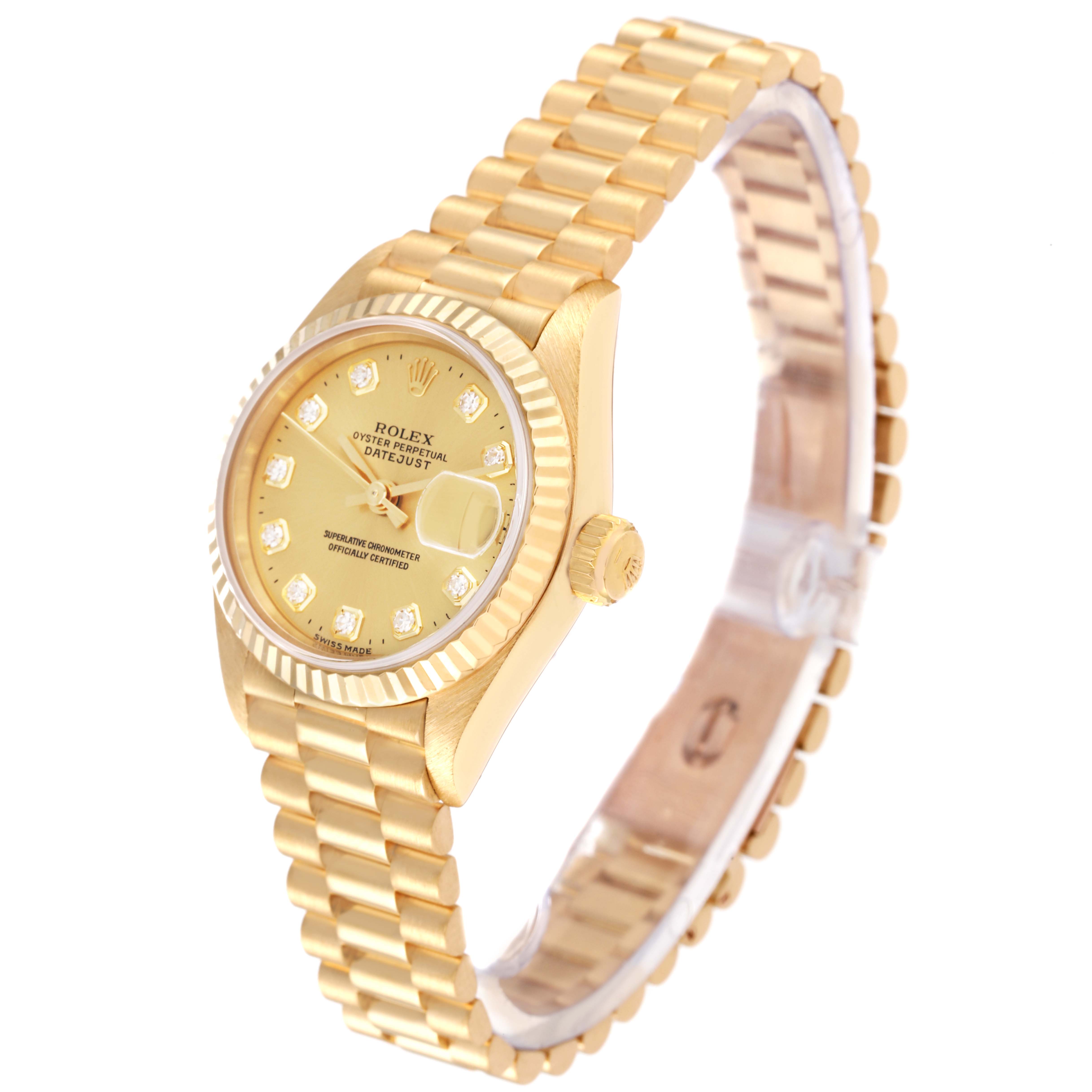 The image shows a Rolex President 69178 Women's Yellow Gold Champagne Dial 69178 Women's Yellow Gold Champagne Dial model watch at a slight angle, featuring the dial, bezel, bracelet, and crown.