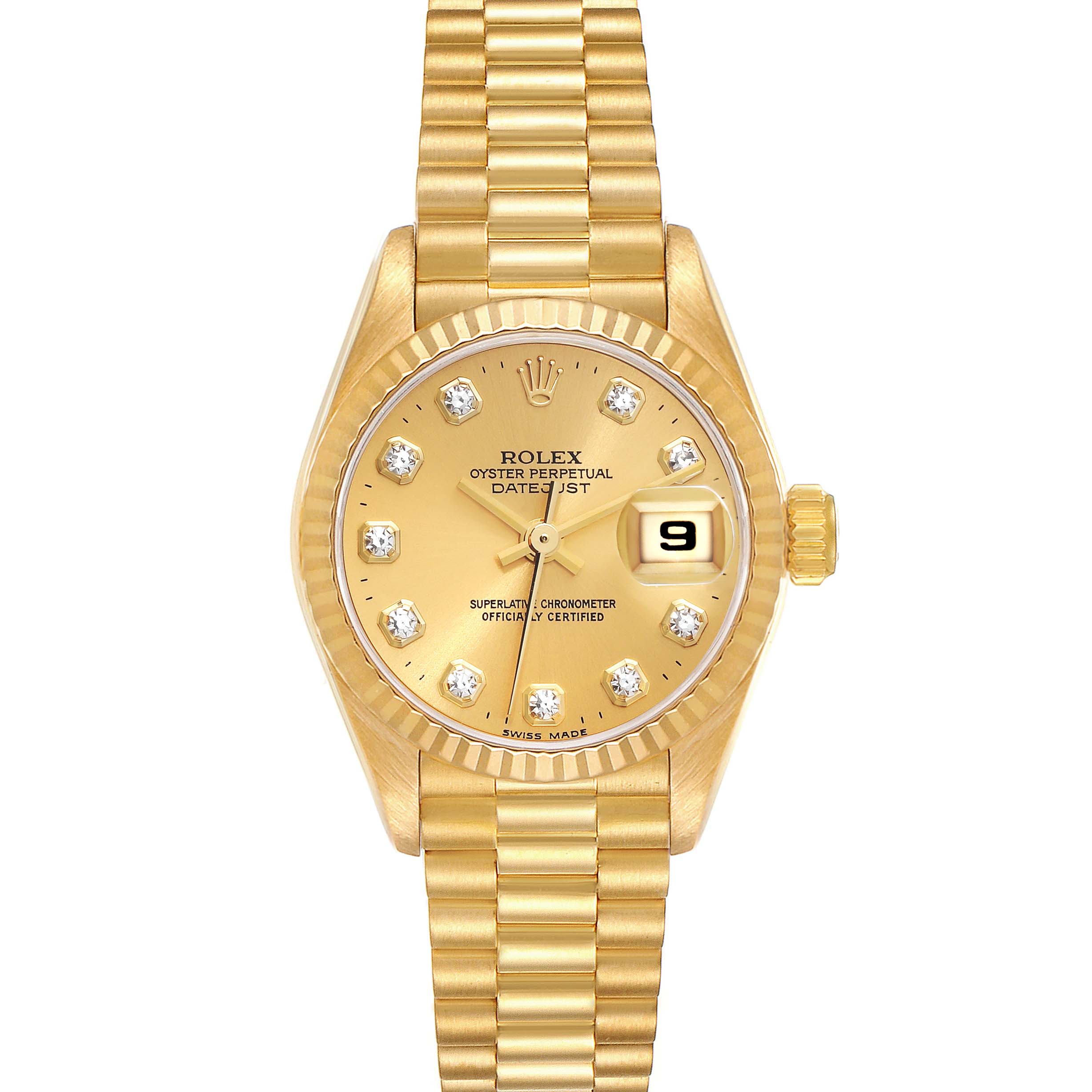The Rolex President 69178 Women
s Yellow Gold Champagne Dial 69178 Women
s Yellow Gold Champagne Dial model is shown from the front, displaying the dial, date window, bezel, and bracelet.